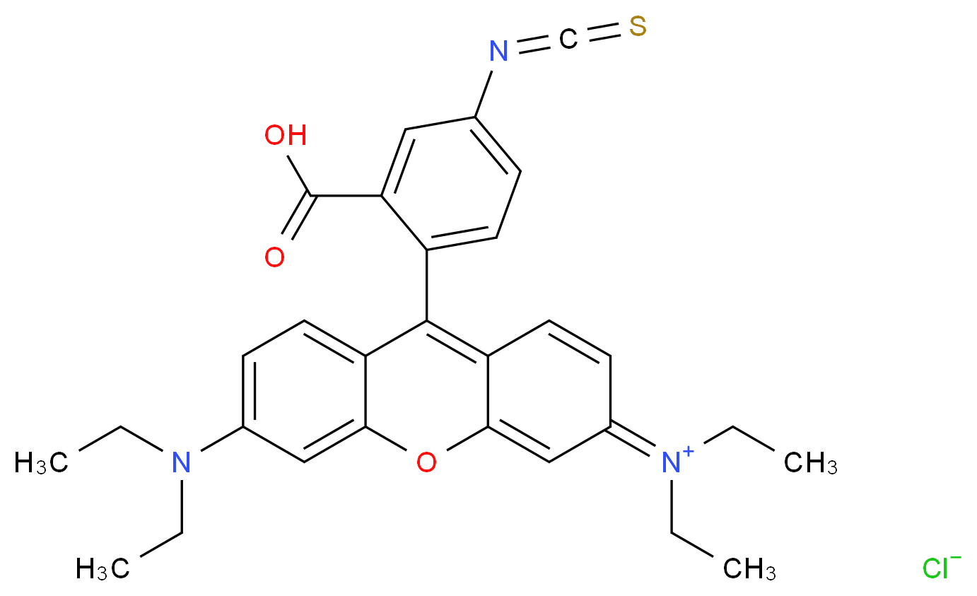 9-(2-carboxy-4-isothiocyanatophenyl)-6-(diethylamino)-N,N-diethyl-3H-xanthen-3-iminium chloride_分子结构_CAS_36877-69-7