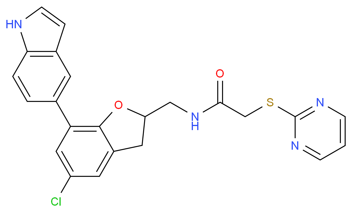 N-{[5-chloro-7-(1H-indol-5-yl)-2,3-dihydro-1-benzofuran-2-yl]methyl}-2-(2-pyrimidinylthio)acetamide_分子结构_CAS_)