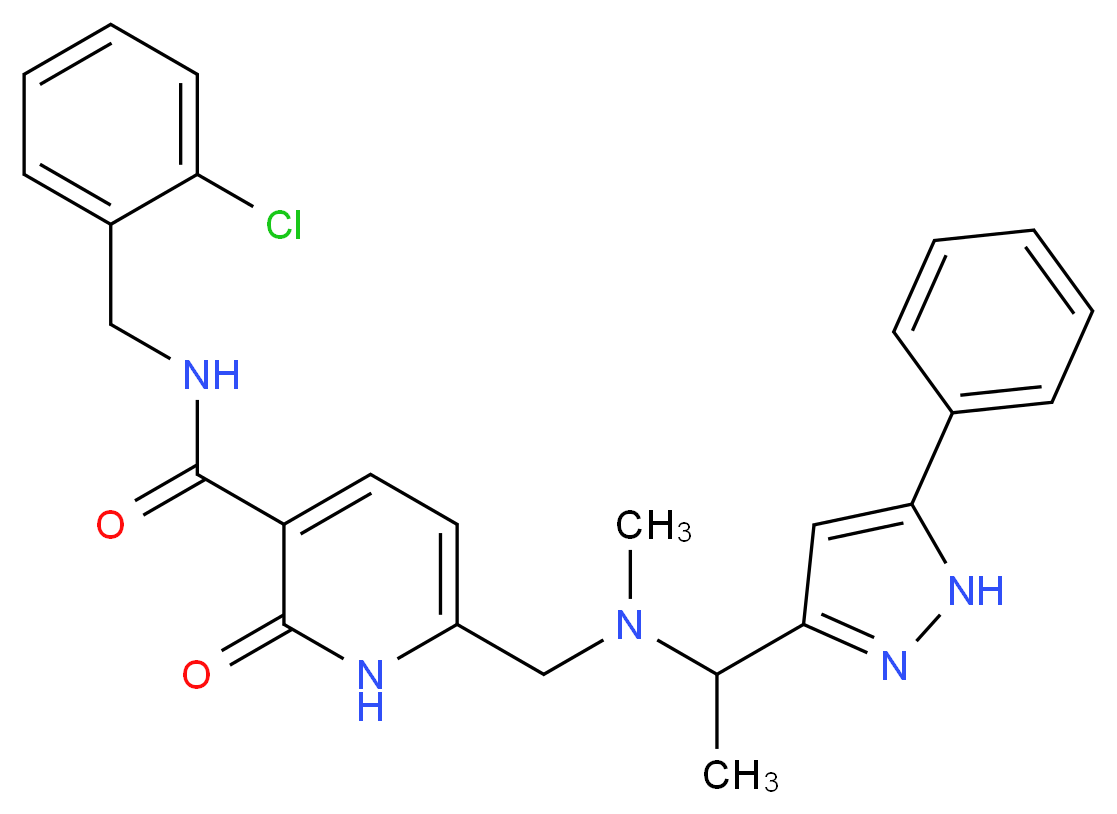 N-(2-chlorobenzyl)-6-({methyl[1-(5-phenyl-1H-pyrazol-3-yl)ethyl]amino}methyl)-2-oxo-1,2-dihydro-3-pyridinecarboxamide_分子结构_CAS_)