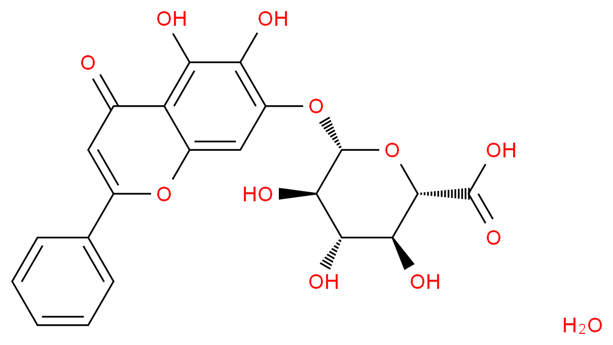 (2S,3S,4S,5R,6S)-6-[(5,6-dihydroxy-4-oxo-2-phenyl-4H-chromen-7-yl)oxy]-3,4,5-trihydroxyoxane-2-carboxylic acid hydrate_分子结构_CAS_206752-33-2