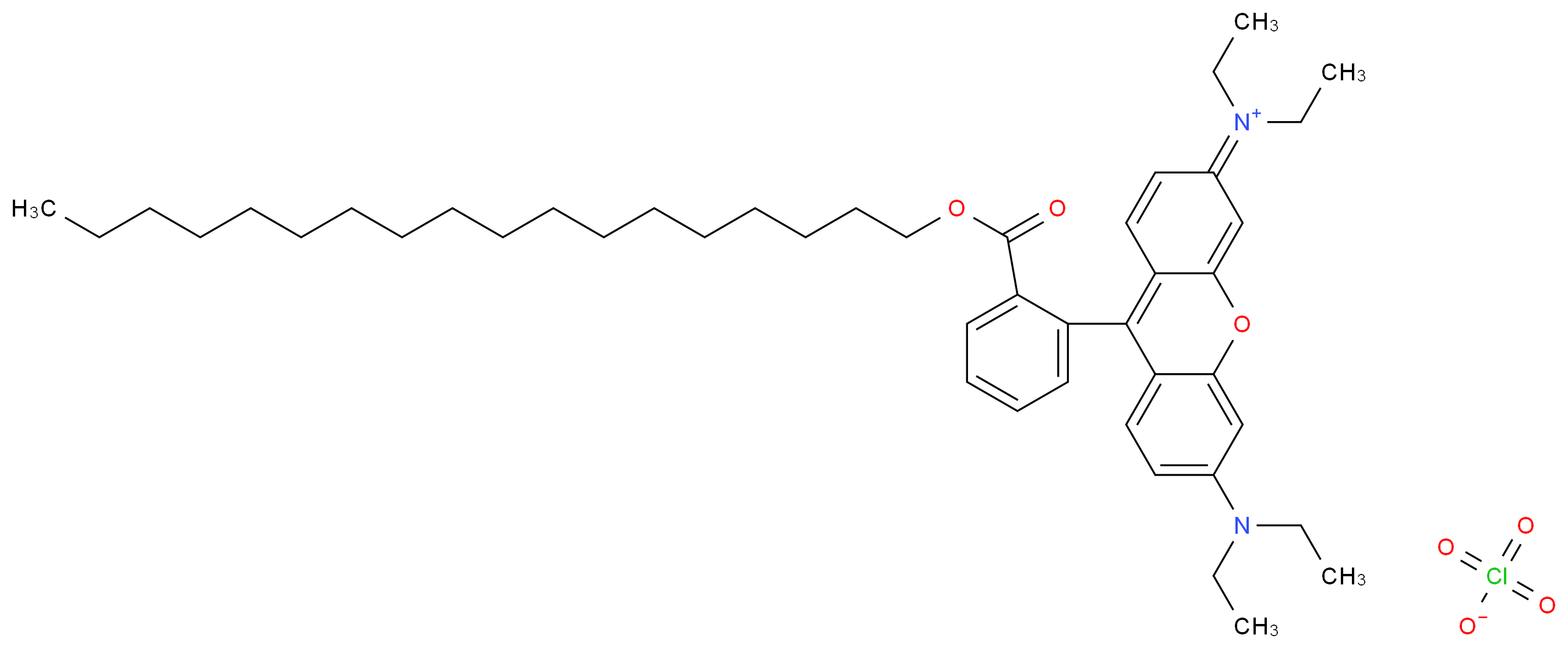 6-(diethylamino)-N,N-diethyl-9-{2-[(octadecyloxy)carbonyl]phenyl}-3H-xanthen-3-iminium perchlorate_分子结构_CAS_142179-00-8