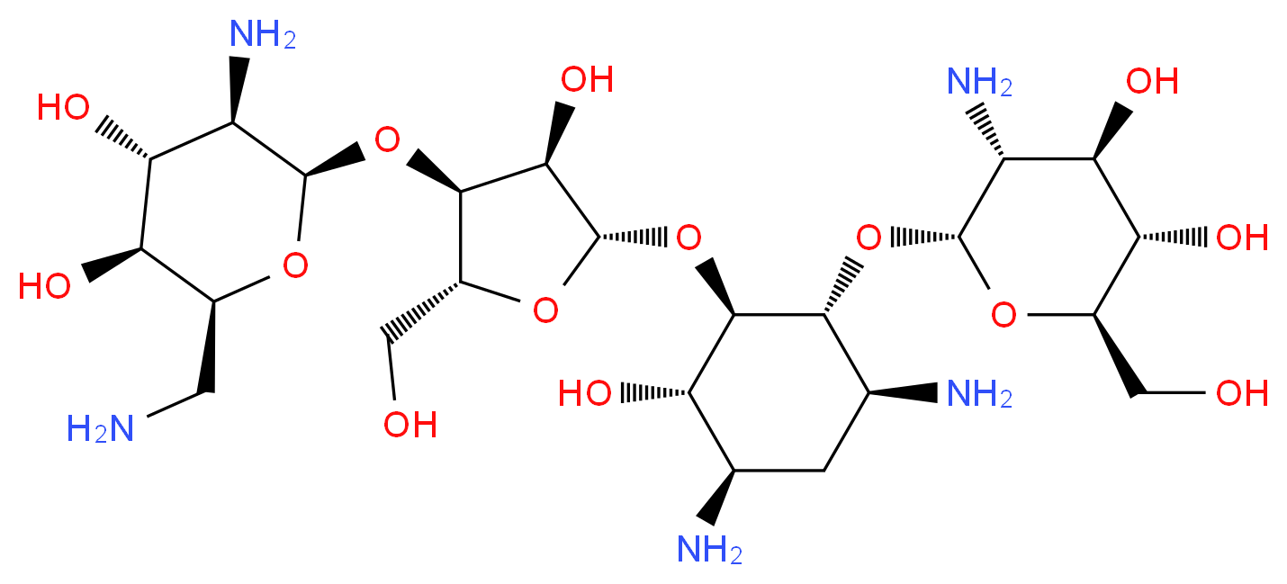 (2R,3S,4R,5R,6S)-5-amino-6-{[(1R,2R,3S,4R,6S)-4,6-diamino-2-{[(2S,3R,4S,5R)-4-{[(2R,3R,4R,5S,6S)-3-amino-6-(aminomethyl)-4,5-dihydroxyoxan-2-yl]oxy}-3-hydroxy-5-(hydroxymethyl)oxolan-2-yl]oxy}-3-hydroxycyclohexyl]oxy}-2-(hydroxymethyl)oxane-3,4-diol_分子结构_CAS_1263-89-4