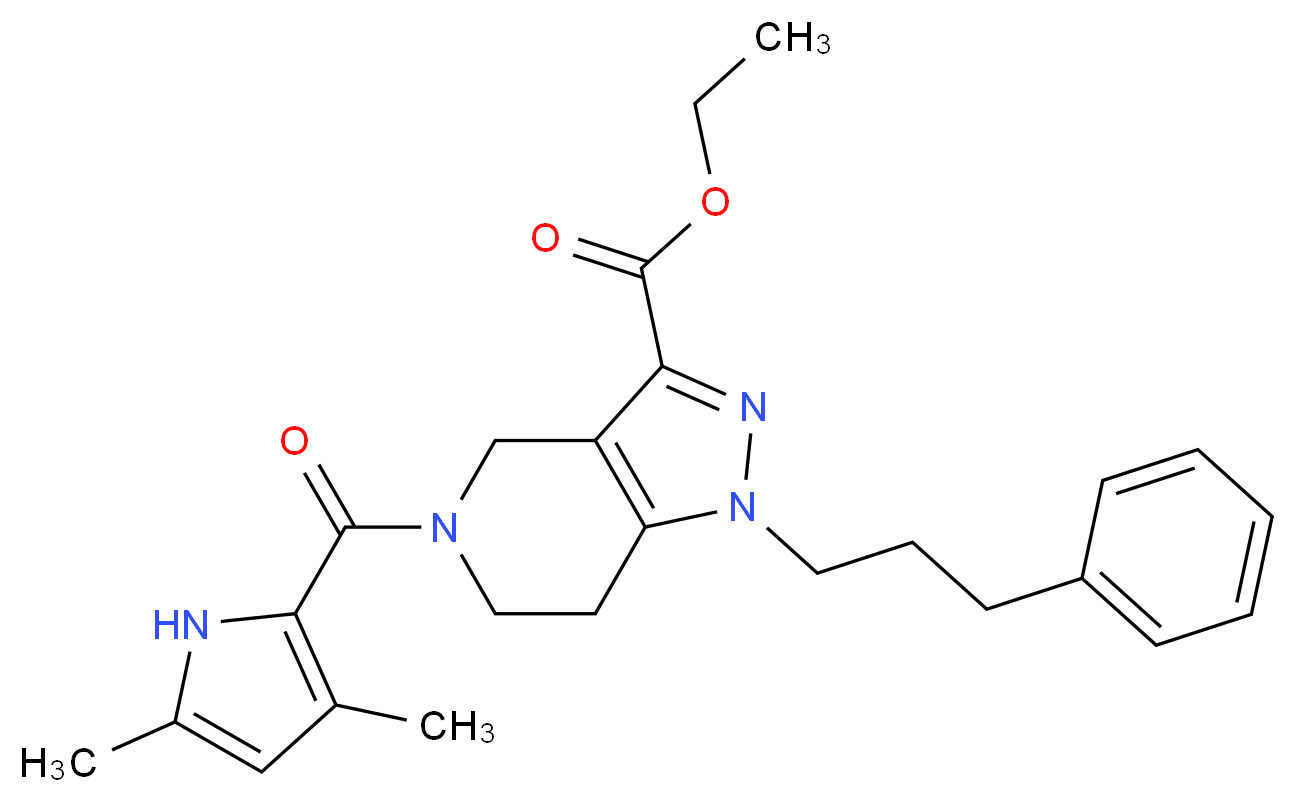 ethyl 5-[(3,5-dimethyl-1H-pyrrol-2-yl)carbonyl]-1-(3-phenylpropyl)-4,5,6,7-tetrahydro-1H-pyrazolo[4,3-c]pyridine-3-carboxylate_分子结构_CAS_)