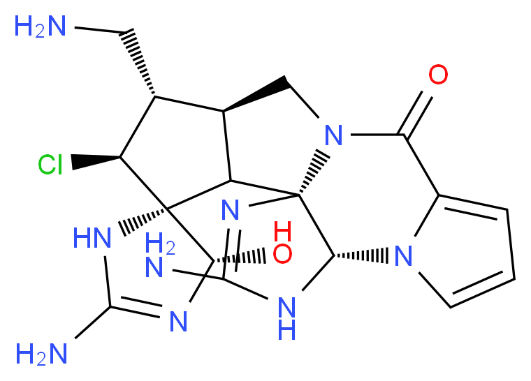 (1'R,4R,5S,5'S,14'S,15'S,16'S,18'S)-2,3'-diamino-15'-(aminomethyl)-16'-chloro-5-hydroxy-3,5-dihydro-2',4',6',12'-tetraazaspiro[imidazole-4,17'-pentacyclo[10.6.0.0<sup>1</sup>,<sup>5</sup>.0<sup>6</sup>,<sup>1</sup><sup>0</sup>.0<sup>1</sup><sup>4</sup>,<sup>1</sup><sup>8</sup>]octadecane]-2',7',9'-trien-11'-one_分子结构_CAS_148717-58-2