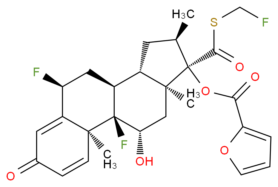 (1R,2S,8S,10S,11S,13R,14R,15S,17S)-1,8-difluoro-14-{[(fluoromethyl)sulfanyl]carbonyl}-17-hydroxy-2,13,15-trimethyl-5-oxotetracyclo[8.7.0.0<sup>2</sup>,<sup>7</sup>.0<sup>1</sup><sup>1</sup>,<sup>1</sup><sup>5</sup>]heptadeca-3,6-dien-14-yl furan-2-carboxylate_分子结构_CAS_397864-44-7