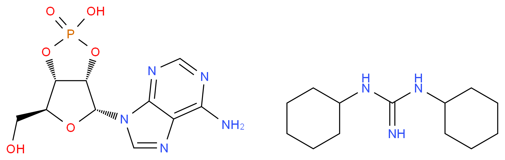 (3aS,4R,6S,6aS)-4-(6-amino-9H-purin-9-yl)-2-hydroxy-6-(hydroxymethyl)-tetrahydro-2H-1,3,5,2$l^{5}-furo[3,4-d][1,3,2$l^{5}]dioxaphosphol-2-one; 1,3-dicyclohexylguanidine_分子结构_CAS_634-01-5
