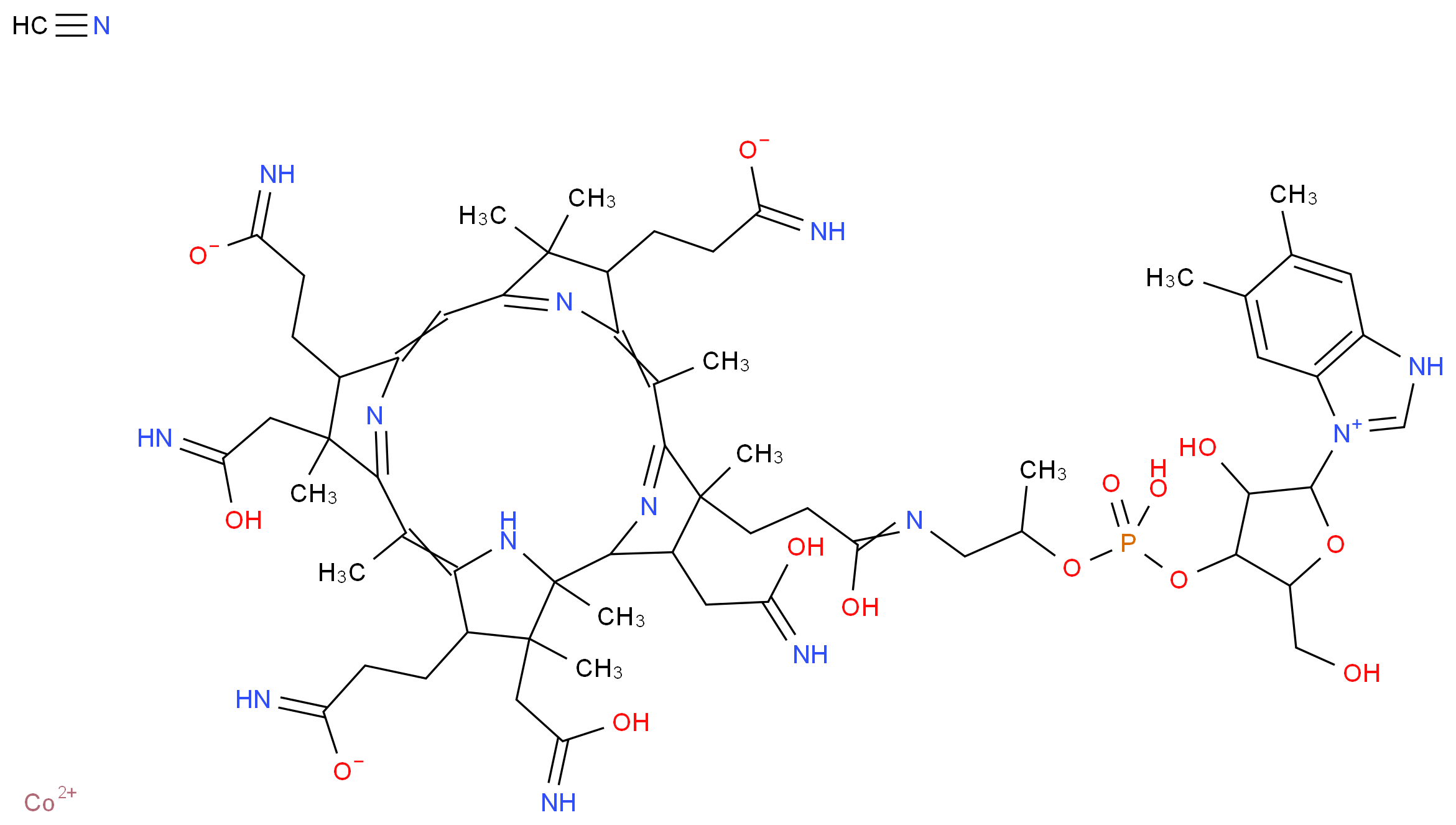 cobalt(2+) ion 1-(3-hydroxy-4-{[hydroxy({[1-({1-hydroxy-3-[8,13,18-tris(2-carboximidatoethyl)-3,14,19-tris(C-hydroxycarbonimidoylmethyl)-1,4,6,9,9,14,16,19-octamethyl-20,21,22,23-tetraazapentacyclo[15.2.1.1^{2,5}.1^{7,10}.1^{12,15}]tricosa-5(23),6,10(22),11,15(21),16-hexaen-4-yl]propylidene}amino)propan-2-yl]oxy})phosphoryl]oxy}-5-(hydroxymethyl)oxolan-2-yl)-5,6-dimethyl-3H-1$l^{5},3-benzodiazol-1-ylium formonitrile_分子结构_CAS_68-19-9
