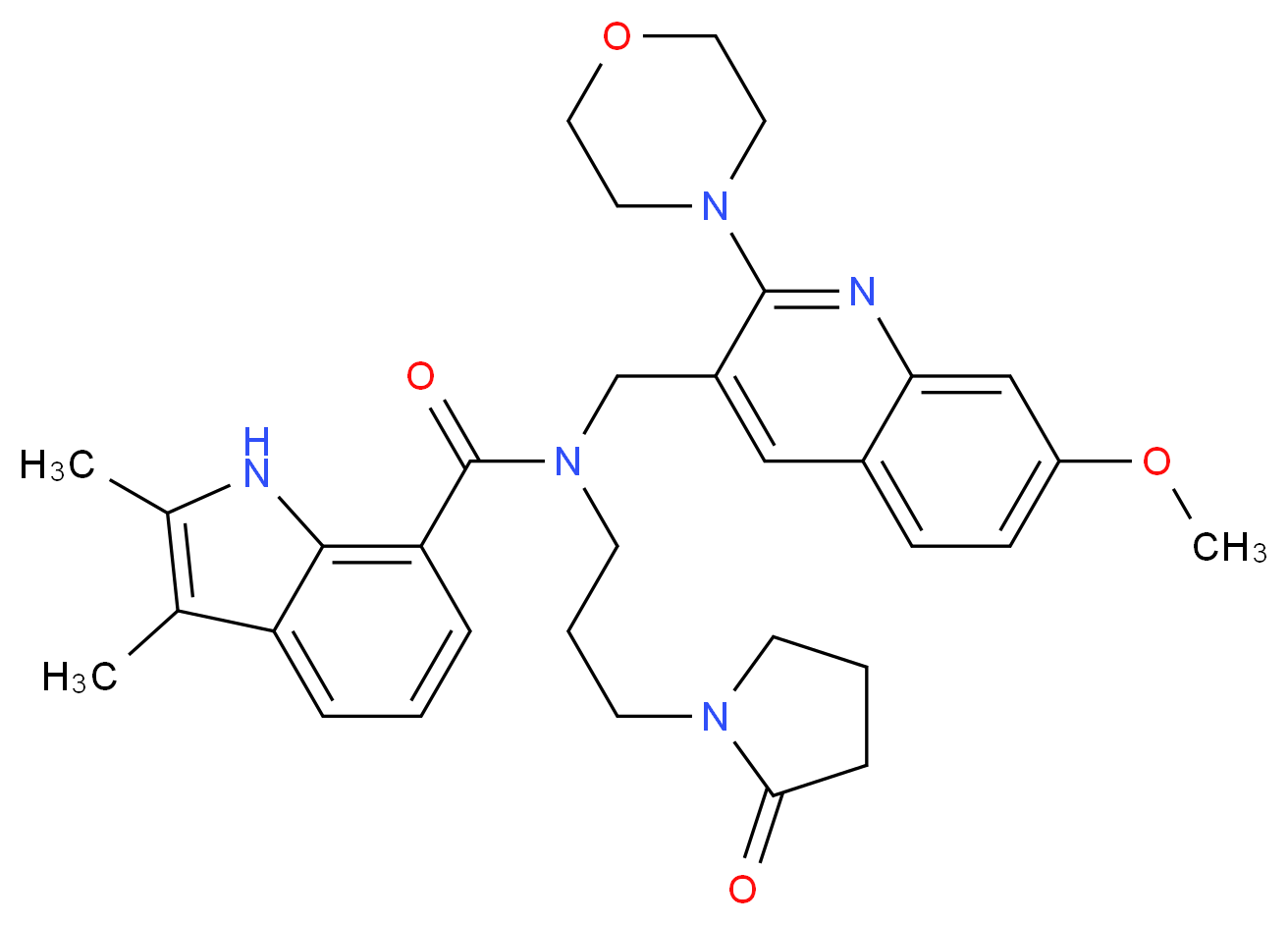 N-{[7-methoxy-2-(4-morpholinyl)-3-quinolinyl]methyl}-2,3-dimethyl-N-[3-(2-oxo-1-pyrrolidinyl)propyl]-1H-indole-7-carboxamide_分子结构_CAS_)