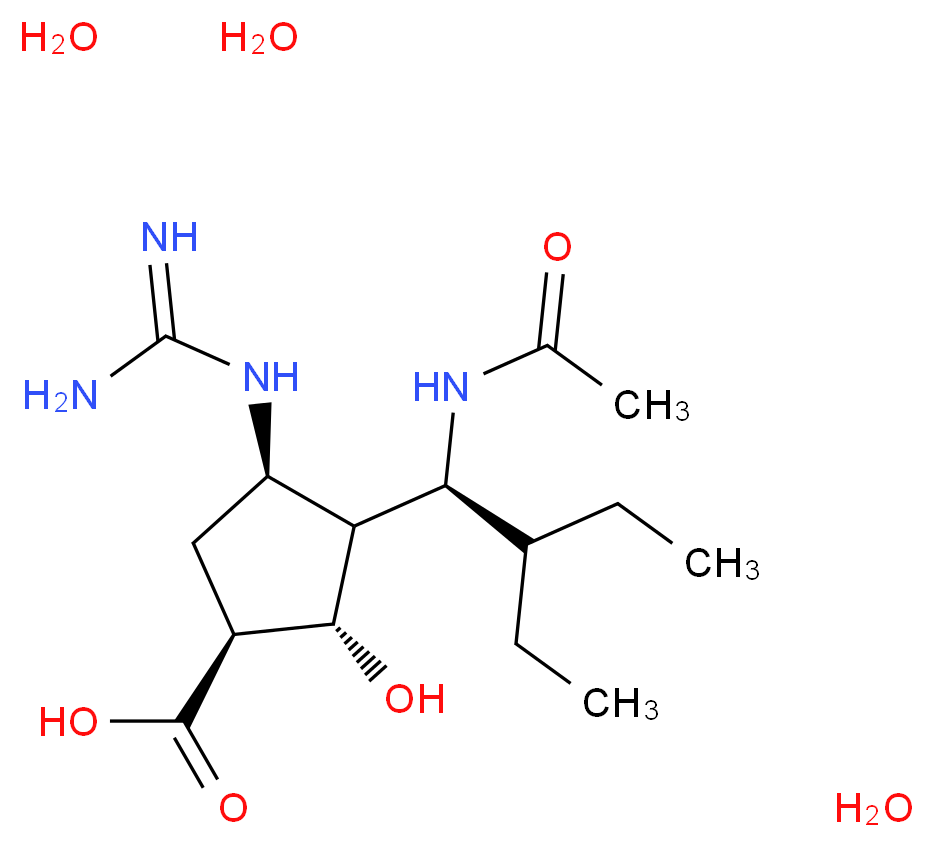 (1S,2S,3R,4R)-4-carbamimidamido-3-[(1S)-1-acetamido-2-ethylbutyl]-2-hydroxycyclopentane-1-carboxylic acid trihydrate_分子结构_CAS_1041434-82-5