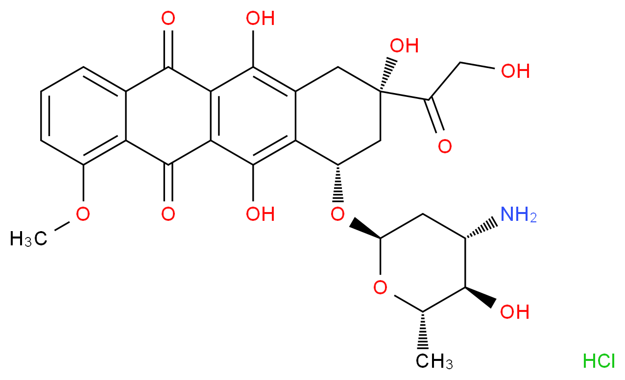 (8S,10S)-10-{[(2R,4S,5R,6S)-4-amino-5-hydroxy-6-methyloxan-2-yl]oxy}-6,8,11-trihydroxy-8-(2-hydroxyacetyl)-1-methoxy-5,7,8,9,10,12-hexahydrotetracene-5,12-dione hydrochloride_分子结构_CAS_56390-09-1