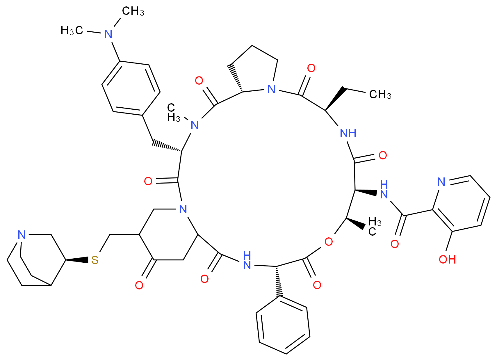 N-[(3S,6S,12R,15S,16R,19S)-25-{[(3S)-1-azabicyclo[2.2.2]octan-3-ylsulfanyl]methyl}-3-{[4-(dimethylamino)phenyl]methyl}-12-ethyl-4,16-dimethyl-2,5,11,14,18,21,24-heptaoxo-19-phenyl-17-oxa-1,4,10,13,20-pentaazatricyclo[20.4.0.0^{6,10}]hexacosan-15-yl]-3-hydroxypyridine-2-carboxamide_分子结构_CAS_120138-50-3