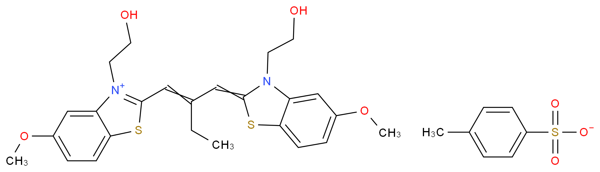 3-(2-hydroxyethyl)-2-(2-{[3-(2-hydroxyethyl)-5-methoxy-2,3-dihydro-1,3-benzothiazol-2-ylidene]methyl}but-1-en-1-yl)-5-methoxy-1,3-benzothiazol-3-ium 4-methylbenzene-1-sulfonate_分子结构_CAS_72616-22-9