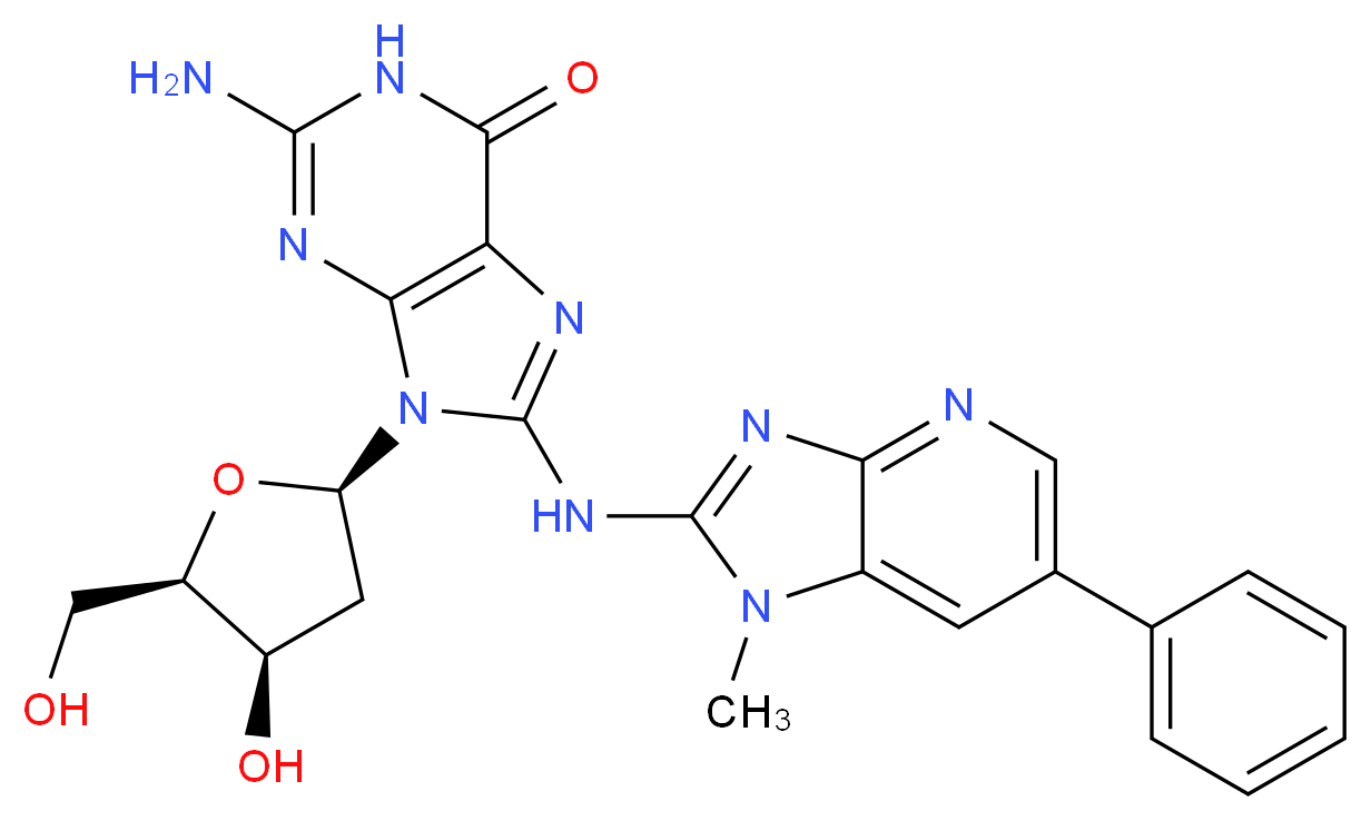 2-amino-9-[(2R,4R,5R)-4-hydroxy-5-(hydroxymethyl)oxolan-2-yl]-8-({1-methyl-6-phenyl-1H-imidazo[4,5-b]pyridin-2-yl}amino)-6,9-dihydro-1H-purin-6-one_分子结构_CAS_142784-25-6