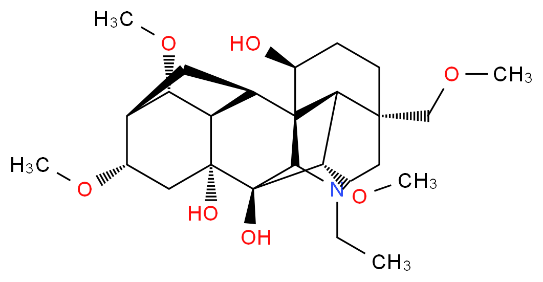 (1S,2R,3R,4S,5R,6S,8R,9S,13S,16S,17R,18S)-11-ethyl-4,6,18-trimethoxy-13-(methoxymethyl)-11-azahexacyclo[7.7.2.1<sup>2</sup>,<sup>5</sup>.0<sup>1</sup>,<sup>1</sup><sup>0</sup>.0<sup>3</sup>,<sup>8</sup>.0<sup>1</sup><sup>3</sup>,<sup>1</sup><sup>7</sup>]nonadecane-8,9,16-triol_分子结构_CAS_509-18-2
