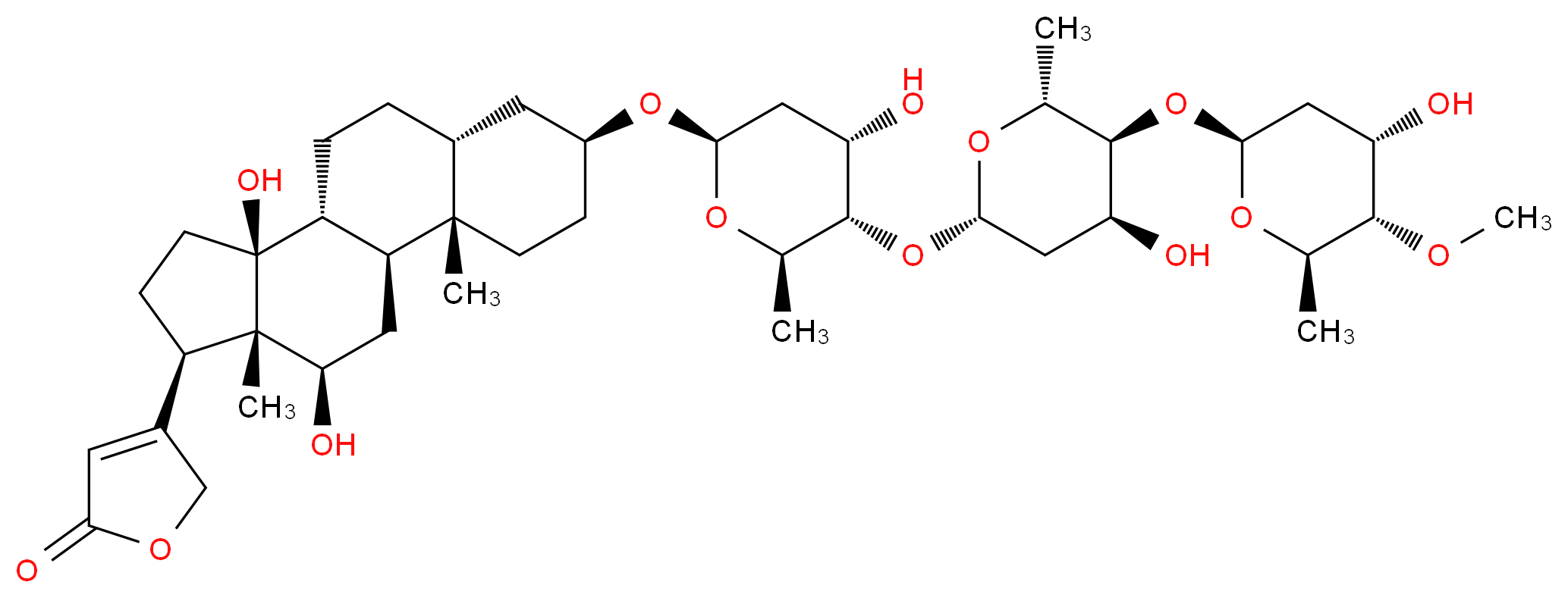 4-[(1S,2S,5S,7R,10R,11S,14R,15S,16R)-11,16-dihydroxy-5-{[(2R,4S,5S,6R)-4-hydroxy-5-{[(2S,4S,5S,6R)-4-hydroxy-5-{[(2S,4S,5S,6R)-4-hydroxy-5-methoxy-6-methyloxan-2-yl]oxy}-6-methyloxan-2-yl]oxy}-6-methyloxan-2-yl]oxy}-2,15-dimethyltetracyclo[8.7.0.0<sup>2</sup>,<sup>7</sup>.0<sup>1</sup><sup>1</sup>,<sup>1</sup><sup>5</sup>]heptadecan-14-yl]-2,5-dihydrofuran-2-one_分子结构_CAS_30685-43-9