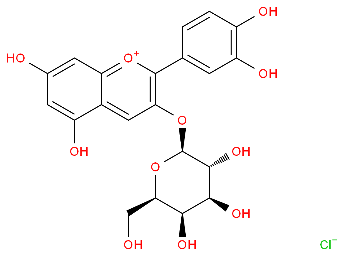 2-(3,4-dihydroxyphenyl)-5,7-dihydroxy-3-{[(2S,3R,4S,5R,6R)-3,4,5-trihydroxy-6-(hydroxymethyl)oxan-2-yl]oxy}-1λ<sup>4</sup>-chromen-1-ylium chloride_分子结构_CAS_27661-36-5