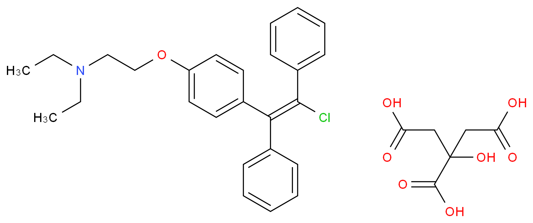 (2-{4-[(E)-2-chloro-1,2-diphenylethenyl]phenoxy}ethyl)diethylamine; 2-hydroxypropane-1,2,3-tricarboxylic acid_分子结构_CAS_50-41-9