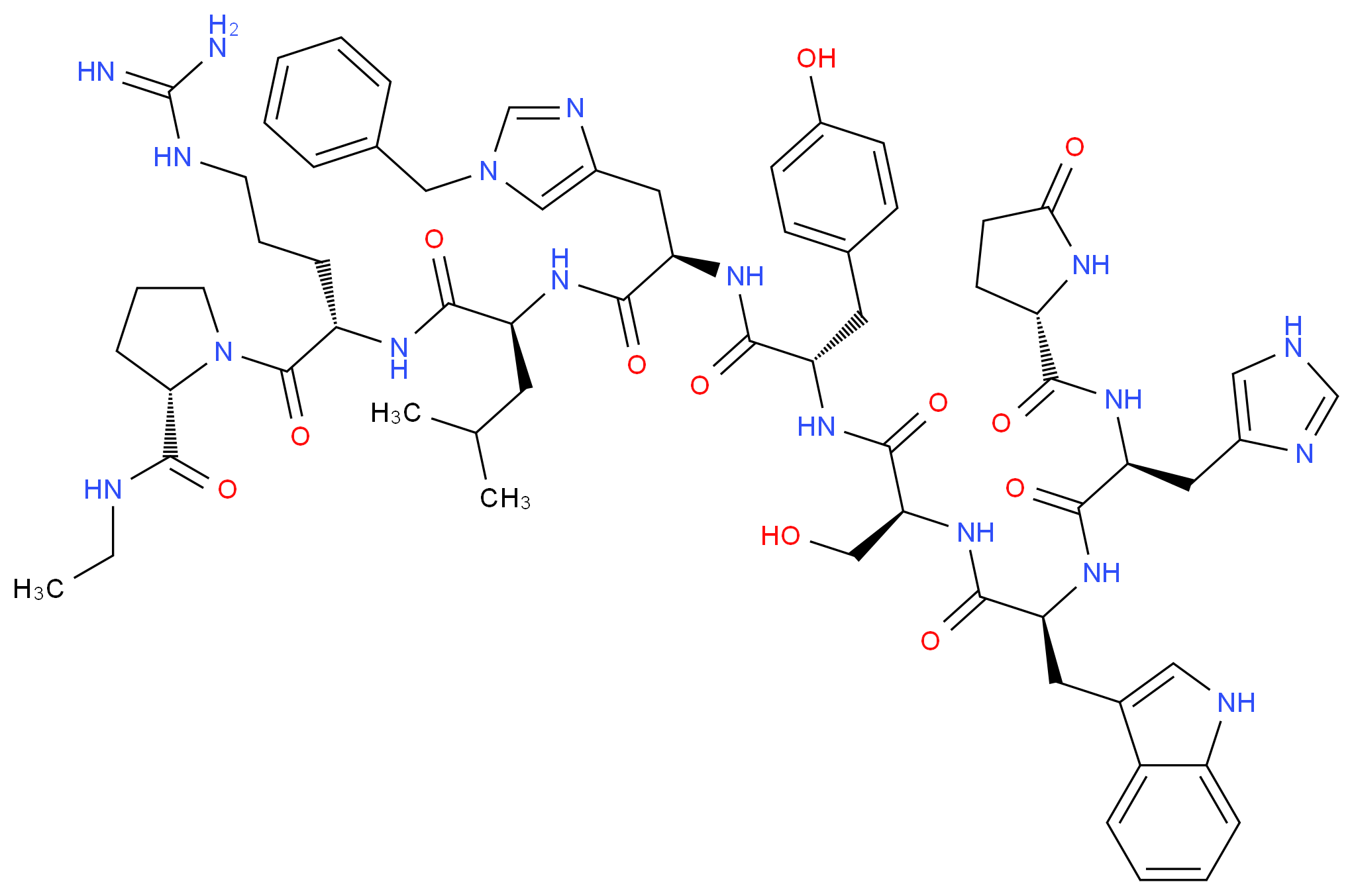 (2S)-1-[(2S)-2-[(2S)-2-[(2R)-3-(1-benzyl-1H-imidazol-4-yl)-2-[(2S)-2-[(2S)-3-hydroxy-2-[(2S)-2-[(2S)-3-(1H-imidazol-4-yl)-2-{[(2S)-5-oxopyrrolidin-2-yl]formamido}propanamido]-3-(1H-indol-3-yl)propanamido]propanamido]-3-(4-hydroxyphenyl)propanamido]propanamido]-4-methylpentanamido]-5-carbamimidamidopentanoyl]-N-ethylpyrrolidine-2-carboxamide_分子结构_CAS_76712-82-8
