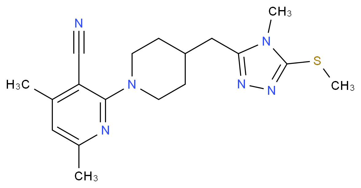 4,6-dimethyl-2-(4-{[4-methyl-5-(methylthio)-4H-1,2,4-triazol-3-yl]methyl}piperidin-1-yl)nicotinonitrile_分子结构_CAS_)