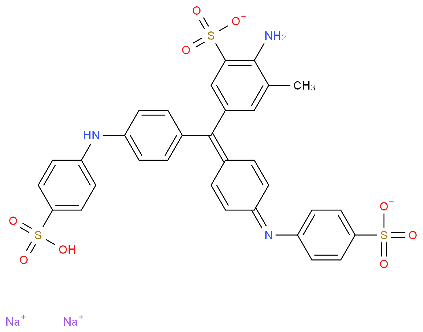 disodium 2-amino-3-methyl-5-({4-[(4-sulfonatophenyl)imino]cyclohexa-2,5-dien-1-ylidene}({4-[(4-sulfophenyl)amino]phenyl})methyl)benzene-1-sulfonate_分子结构_CAS_28631-66-5