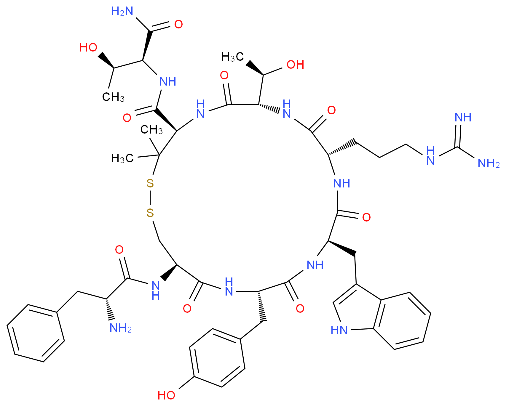 (2S,3R)-2-{[(4R,7S,10S,13R,16S,19R)-19-[(2R)-2-amino-3-phenylpropanamido]-10-(3-carbamimidamidopropyl)-7-[(1R)-1-hydroxyethyl]-16-[(4-hydroxyphenyl)methyl]-13-(1H-indol-3-ylmethyl)-3,3-dimethyl-6,9,12,15,18-pentaoxo-1,2-dithia-5,8,11,14,17-pentaazacycloicosan-4-yl]formamido}-3-hydroxybutanamide_分子结构_CAS_103429-32-9