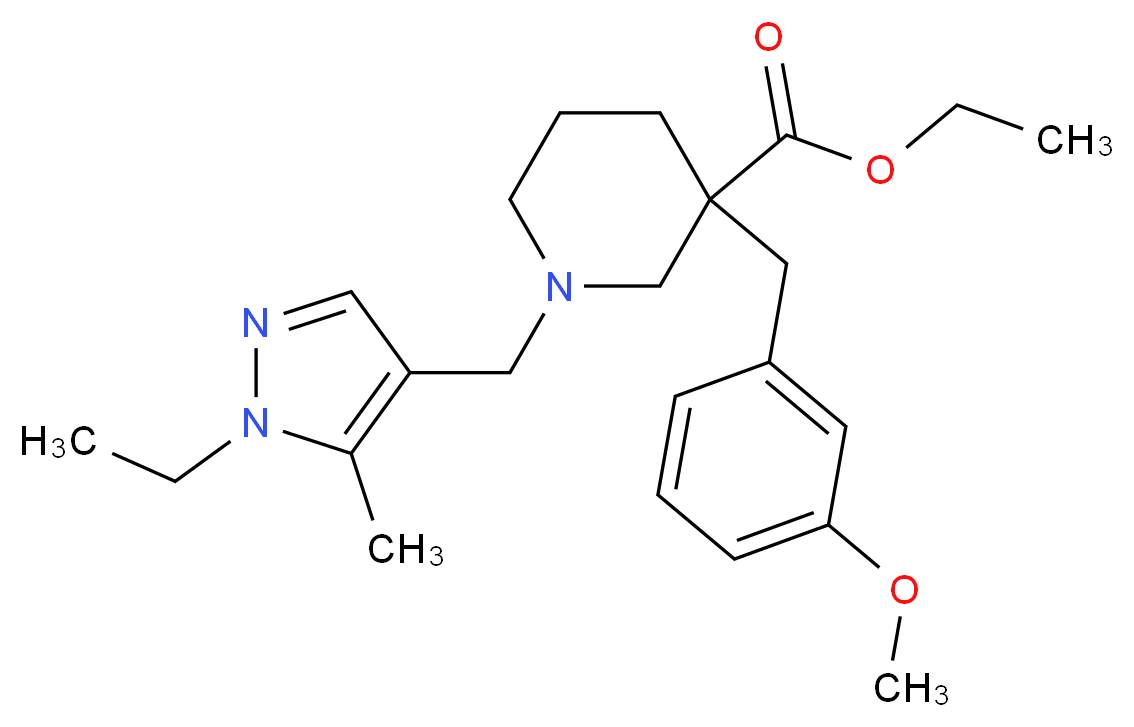 ethyl 1-[(1-ethyl-5-methyl-1H-pyrazol-4-yl)methyl]-3-(3-methoxybenzyl)-3-piperidinecarboxylate_分子结构_CAS_)