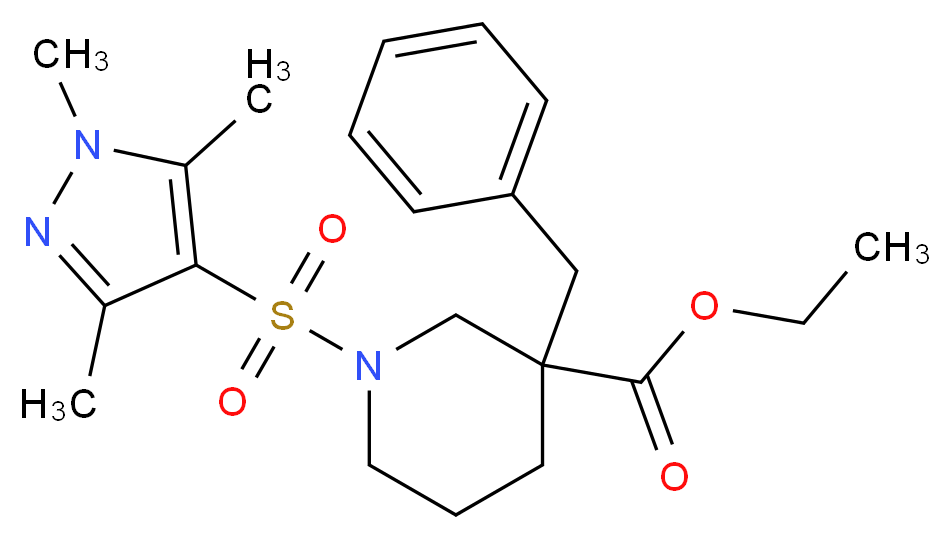 ethyl 3-benzyl-1-[(1,3,5-trimethyl-1H-pyrazol-4-yl)sulfonyl]-3-piperidinecarboxylate_分子结构_CAS_)