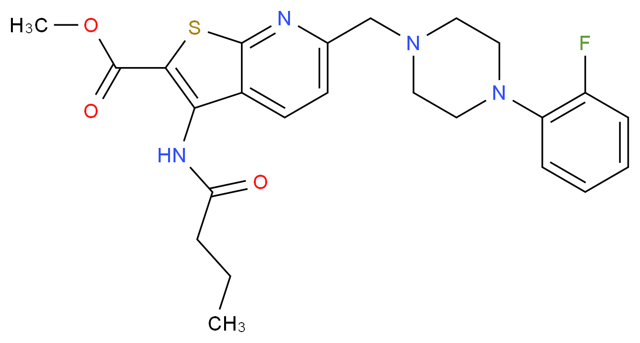 methyl 3-(butyrylamino)-6-{[4-(2-fluorophenyl)-1-piperazinyl]methyl}thieno[2,3-b]pyridine-2-carboxylate_分子结构_CAS_)