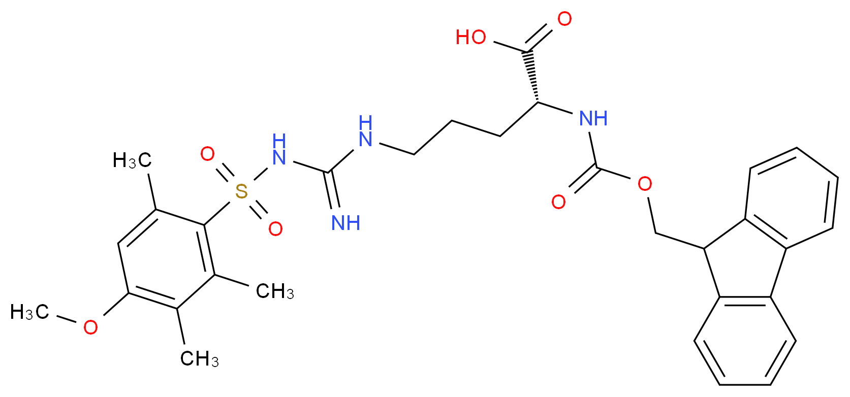 (2R)-2-{[(9H-fluoren-9-ylmethoxy)carbonyl]amino}-5-[3-(4-methoxy-2,3,6-trimethylbenzenesulfonyl)carbamimidamido]pentanoic acid_分子结构_CAS_120075-24-3