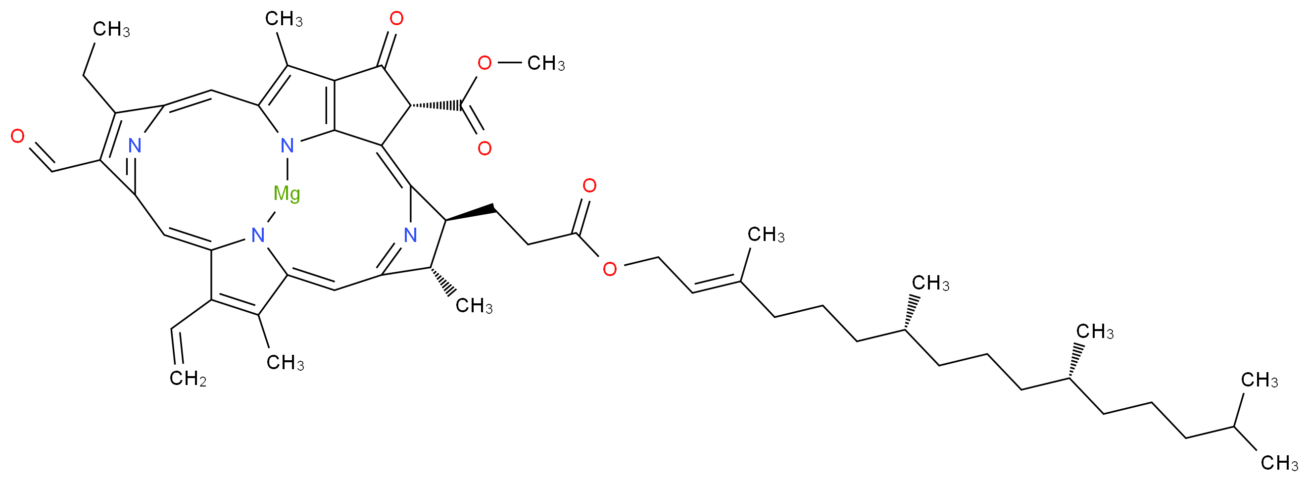 methyl (5R,8S,9S,11Z,15Z,20Z)-14-ethenyl-19-ethyl-18-formyl-9,13,25-trimethyl-4-oxo-8-(3-oxo-3-{[(2E,7R,11R)-3,7,11,15-tetramethylhexadec-2-en-1-yl]oxy}propyl)-1,24,26,27-tetraaza-23-magnesaheptacyclo[10.10.2.1<sup>3</sup>,<sup>2</sup><sup>2</sup>.1<sup>7</sup>,<sup>1</sup><sup>0</sup>.1<sup>1</sup><sup>7</sup>,<sup>2</sup><sup>0</sup>.0<sup>2</sup>,<sup>6</sup>.0<sup>1</sup><sup>5</sup>,<sup>2</sup><sup>4</sup>]heptacosa-2,6,10(27),11,13,15,17(26),18,20,22(25)-decaene-5-carboxylate_分子结构_CAS_519-62-0