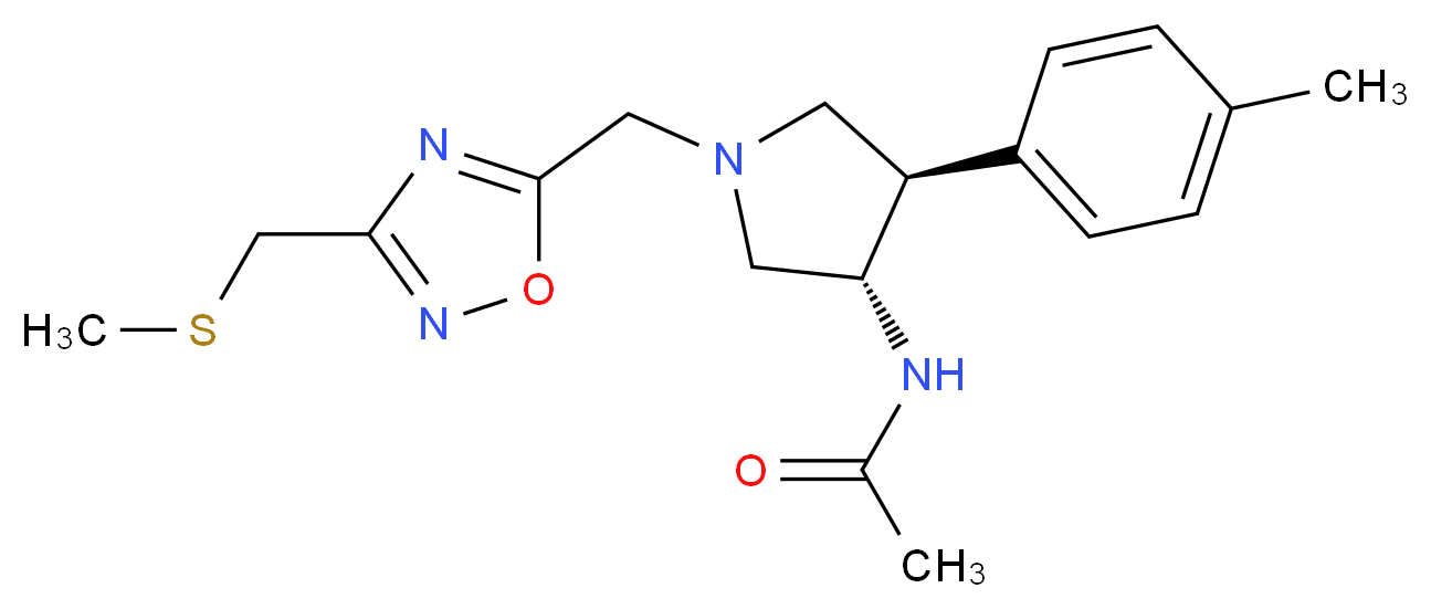 N-[(3S*,4R*)-4-(4-methylphenyl)-1-({3-[(methylthio)methyl]-1,2,4-oxadiazol-5-yl}methyl)-3-pyrrolidinyl]acetamide_分子结构_CAS_)