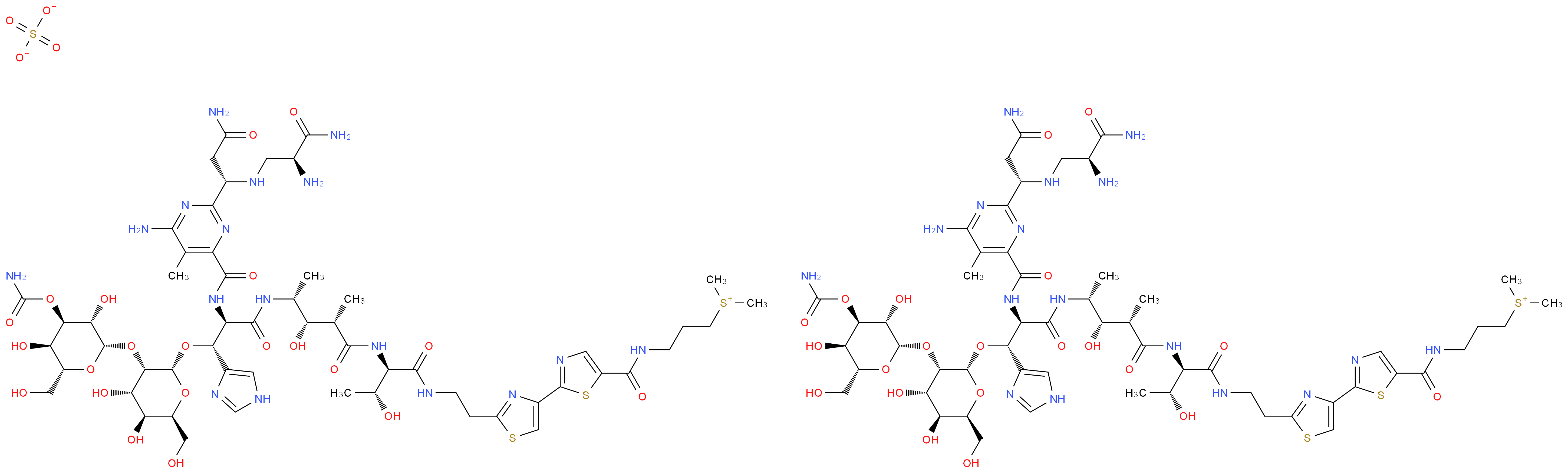 bis((3-{[2-(2-{2-[(2R,3R)-2-[(2S,3S,4R)-4-[(2R,3R)-2-({6-amino-2-[(1S)-1-{[(2S)-2-amino-2-carbamoylethyl]amino}-2-carbamoylethyl]-5-methylpyrimidin-4-yl}formamido)-3-{[(2R,3S,4S,5S,6S)-3-{[(2S,3S,4R,5R,6R)-4-(carbamoyloxy)-3,5-dihydroxy-6-(hydroxymethyl)oxan-2-yl]oxy}-4,5-dihydroxy-6-(hydroxymethyl)oxan-2-yl]oxy}-3-(1H-imidazol-4-yl)propanamido]-3-hydroxy-2-methylpentanamido]-3-hydroxybutanamido]ethyl}-1,3-thiazol-4-yl)-1,3-thiazol-5-yl]formamido}propyl)dimethylsulfanium) sulfate_分子结构_CAS_9041-93-4