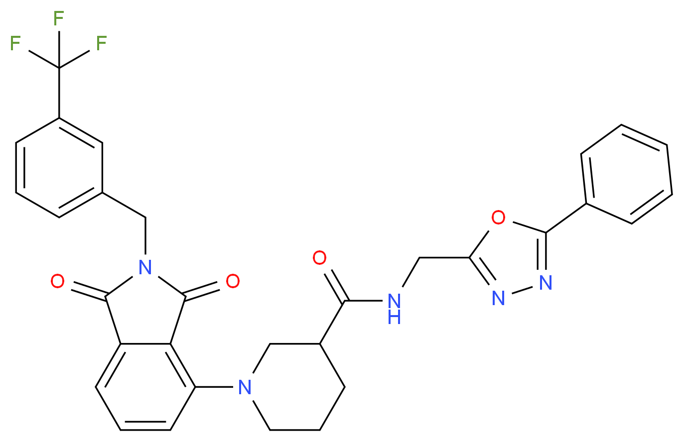 1-{1,3-dioxo-2-[3-(trifluoromethyl)benzyl]-2,3-dihydro-1H-isoindol-4-yl}-N-[(5-phenyl-1,3,4-oxadiazol-2-yl)methyl]-3-piperidinecarboxamide_分子结构_CAS_)