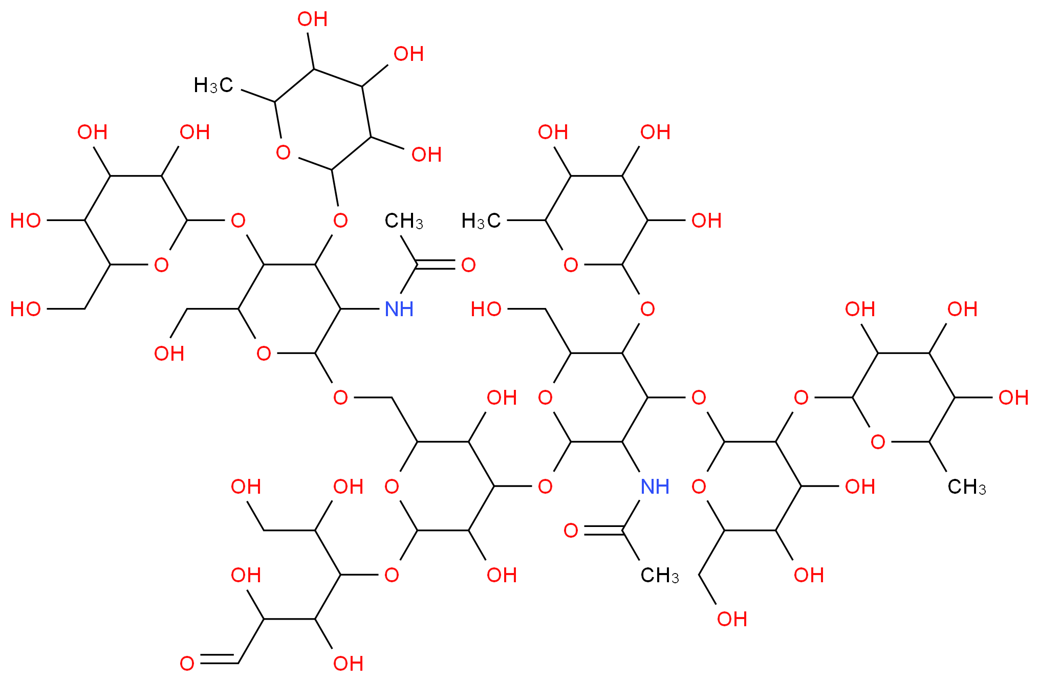 N-(4-{[4,5-dihydroxy-6-(hydroxymethyl)-3-[(3,4,5-trihydroxy-6-methyloxan-2-yl)oxy]oxan-2-yl]oxy}-2-{[2-({[3-acetamido-6-(hydroxymethyl)-5-{[3,4,5-trihydroxy-6-(hydroxymethyl)oxan-2-yl]oxy}-4-[(3,4,5-trihydroxy-6-methyloxan-2-yl)oxy]oxan-2-yl]oxy}methyl)-3,5-dihydroxy-6-[(1,2,4,5-tetrahydroxy-6-oxohexan-3-yl)oxy]oxan-4-yl]oxy}-6-(hydroxymethyl)-5-[(3,4,5-trihydroxy-6-methyloxan-2-yl)oxy]oxan-3-yl)acetamide_分子结构_CAS_116883-09-1