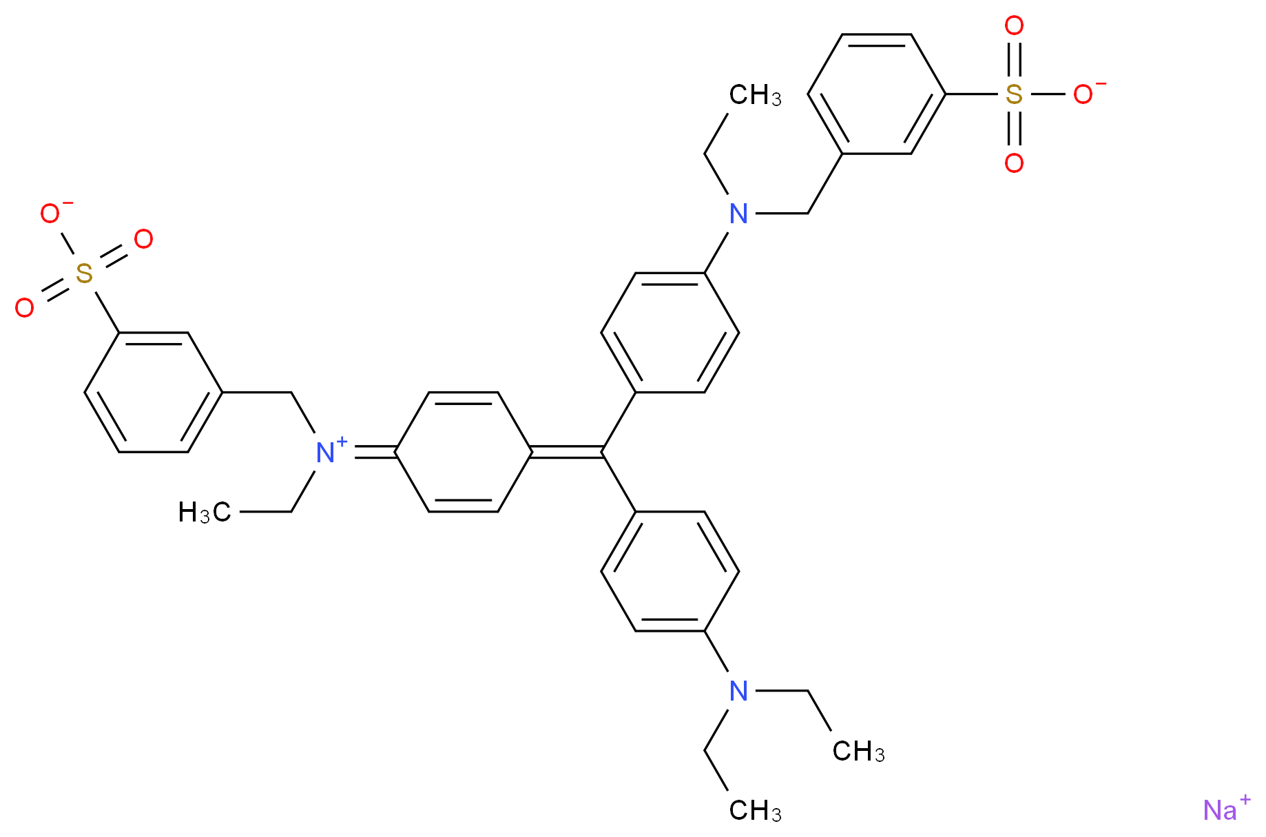 sodium 3-{[(4-{[4-(diethylamino)phenyl](4-{ethyl[(3-sulfonatophenyl)methyl]amino}phenyl)methylidene}cyclohexa-2,5-dien-1-ylidene)(ethyl)azaniumyl]methyl}benzene-1-sulfonate_分子结构_CAS_4129-84-4