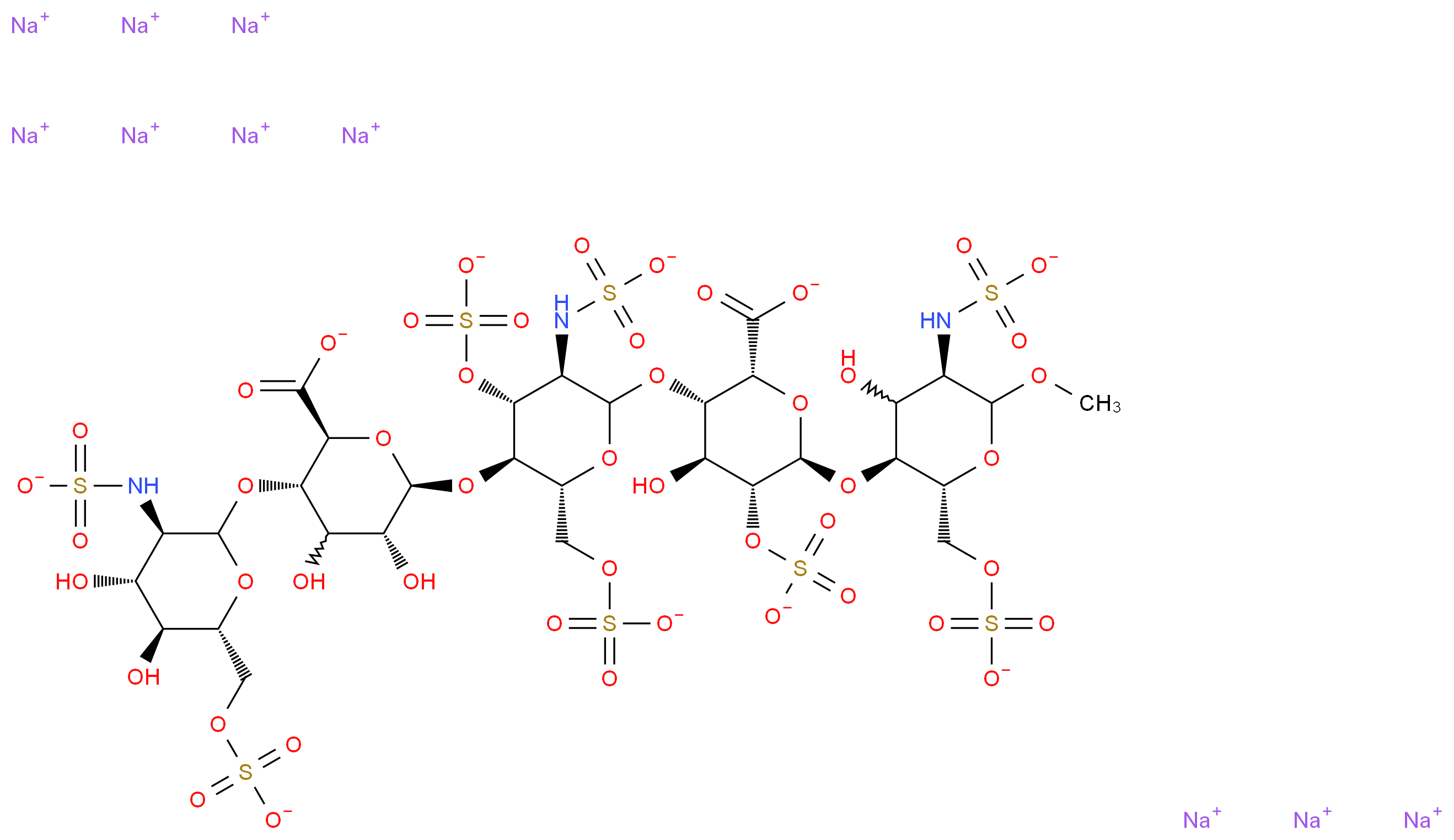 decasodium (2R,3S,4S,5R,6R)-3-{[(3R,4R,5R,6R)-5-{[(2R,3R,5S,6S)-6-carboxylato-5-{[(3R,4R,5S,6R)-4,5-dihydroxy-3-(sulfonatoamino)-6-[(sulfonatooxy)methyl]oxan-2-yl]oxy}-3,4-dihydroxyoxan-2-yl]oxy}-3-(sulfonatoamino)-4-(sulfonatooxy)-6-[(sulfonatooxy)methyl]oxan-2-yl]oxy}-4-hydroxy-6-{[(2R,3S,5R)-4-hydroxy-6-methoxy-5-(sulfonatoamino)-2-[(sulfonatooxy)methyl]oxan-3-yl]oxy}-5-(sulfonatooxy)oxane-2-carboxylate_分子结构_CAS_114870-03-0