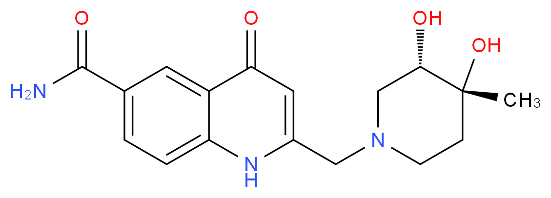 2-{[(3S*,4R*)-3,4-dihydroxy-4-methylpiperidin-1-yl]methyl}-4-oxo-1,4-dihydroquinoline-6-carboxamide_分子结构_CAS_)