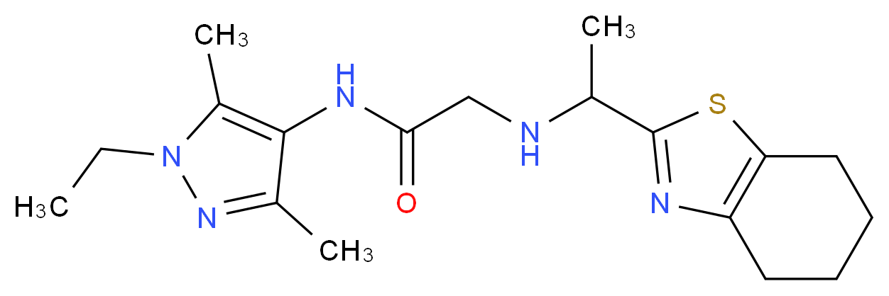 N-(1-ethyl-3,5-dimethyl-1H-pyrazol-4-yl)-2-{[1-(4,5,6,7-tetrahydro-1,3-benzothiazol-2-yl)ethyl]amino}acetamide_分子结构_CAS_)