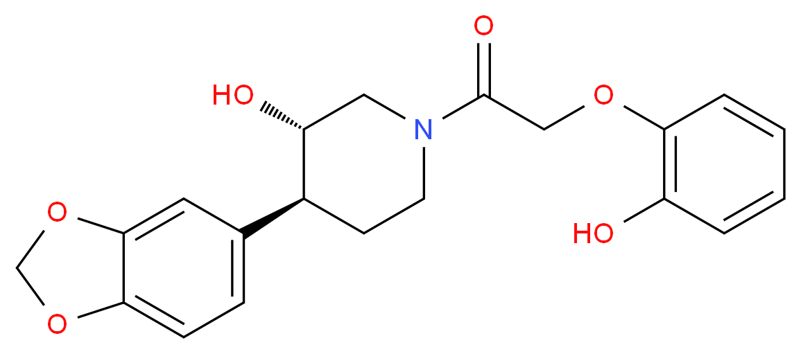 (3S*,4S*)-4-(1,3-benzodioxol-5-yl)-1-[(2-hydroxyphenoxy)acetyl]piperidin-3-ol_分子结构_CAS_)
