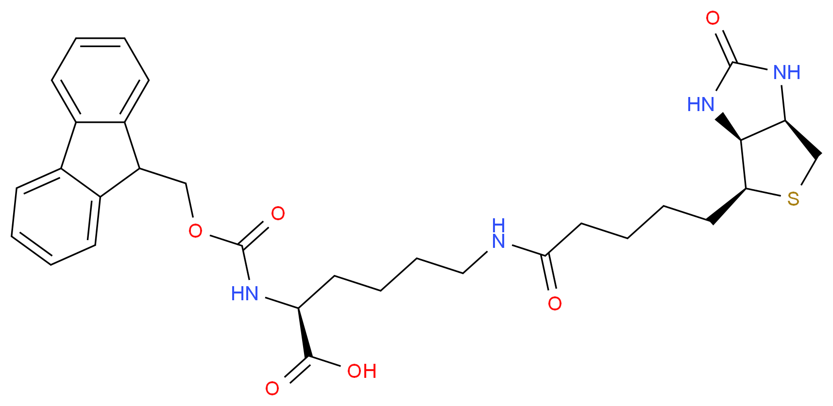 (2S)-6-{5-[(3aS,4S,6aR)-2-oxo-hexahydro-1H-thieno[3,4-d]imidazolidin-4-yl]pentanamido}-2-{[(9H-fluoren-9-ylmethoxy)carbonyl]amino}hexanoic acid_分子结构_CAS_146987-10-2