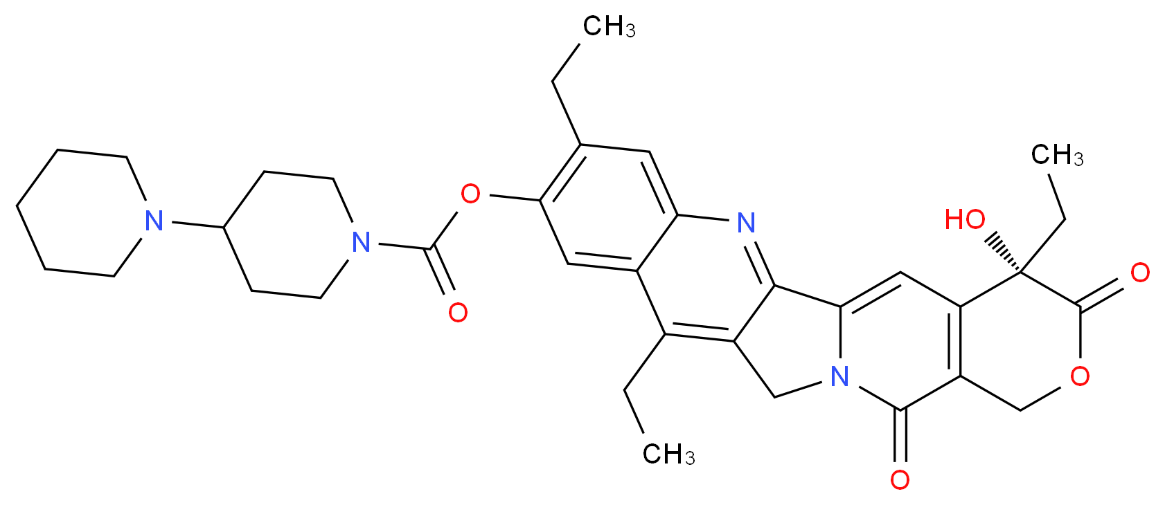 (19S)-6,10,19-triethyl-19-hydroxy-14,18-dioxo-17-oxa-3,13-diazapentacyclo[11.8.0.0<sup>2</sup>,<sup>1</sup><sup>1</sup>.0<sup>4</sup>,<sup>9</sup>.0<sup>1</sup><sup>5</sup>,<sup>2</sup><sup>0</sup>]henicosa-1(21),2,4,6,8,10,15(20)-heptaen-7-yl 4-(piperidin-1-yl)piperidine-1-carboxylate_分子结构_CAS_947687-02-7