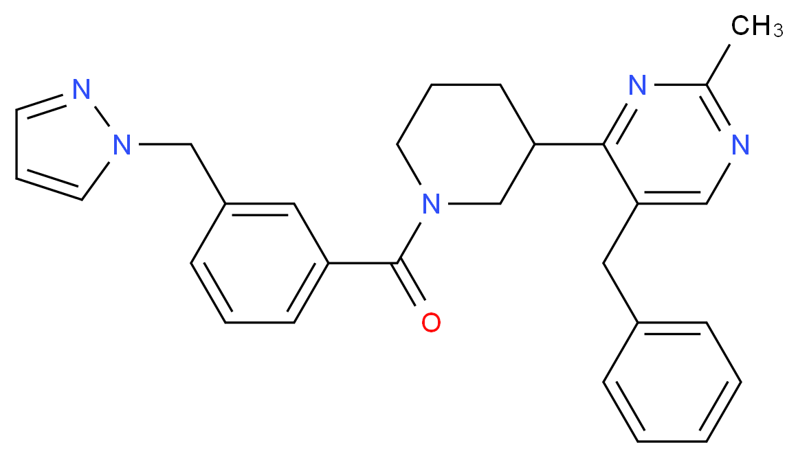 5-benzyl-2-methyl-4-{1-[3-(1H-pyrazol-1-ylmethyl)benzoyl]-3-piperidinyl}pyrimidine_分子结构_CAS_)