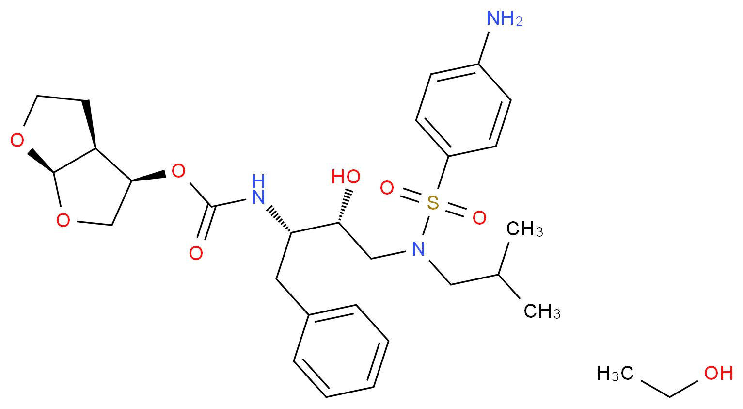 (3R,3aS,6aR)-hexahydrofuro[2,3-b]furan-3-yl N-[(2S,3R)-3-hydroxy-4-[N-(2-methylpropyl)4-aminobenzenesulfonamido]-1-phenylbutan-2-yl]carbamate; ethanol_分子结构_CAS_635728-49-3