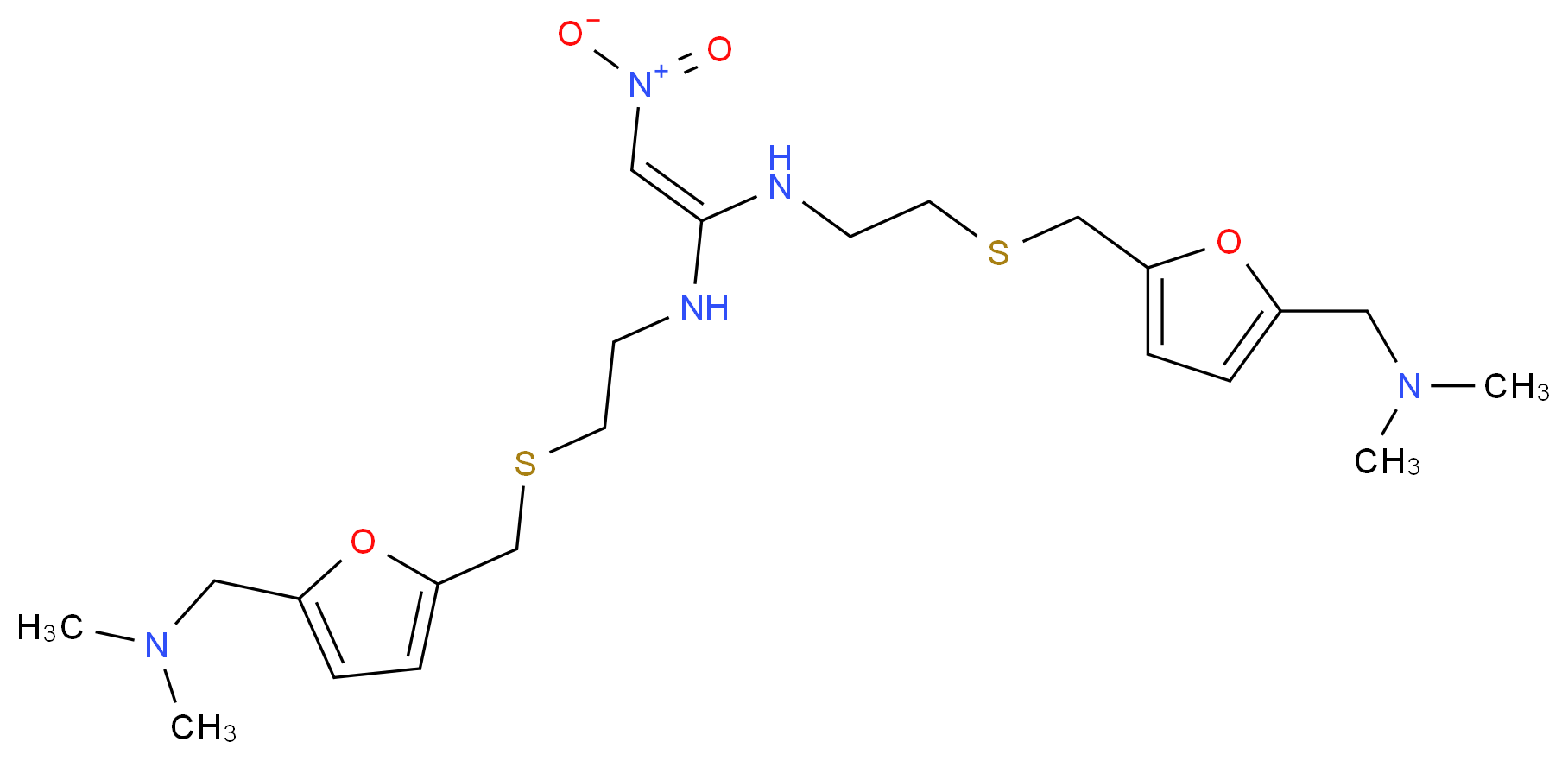 {[5-(11-{5-[(dimethylamino)methyl]furan-2-yl}-6-(nitromethylidene)-2,10-dithia-5,7-diazaundecan-1-yl)furan-2-yl]methyl}dimethylamine_分子结构_CAS_72126-78-4