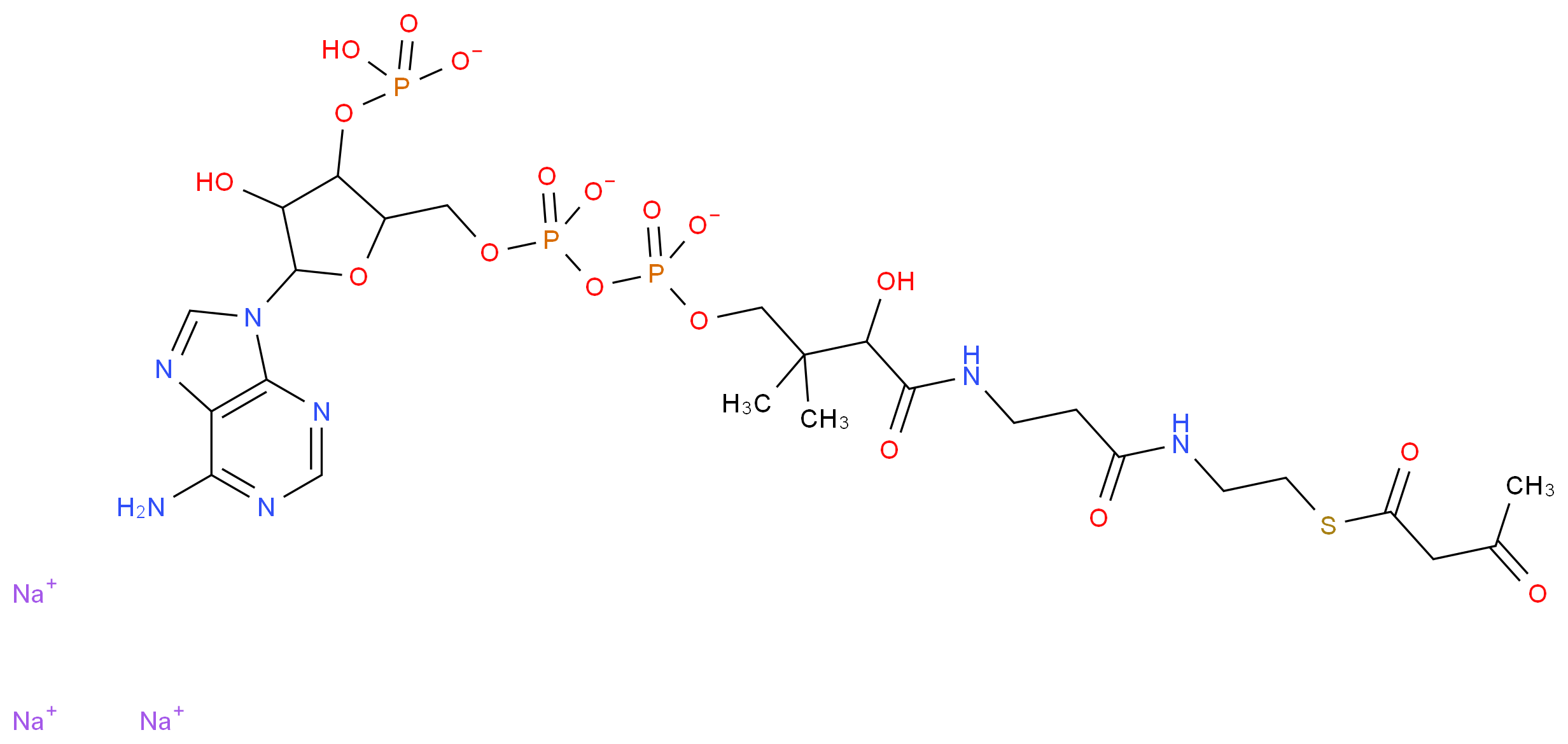 trisodium 3-hydroxy-2,2-dimethyl-3-{[2-({2-[(3-oxobutanoyl)sulfanyl]ethyl}carbamoyl)ethyl]carbamoyl}propyl ({[5-(6-amino-9H-purin-9-yl)-3-(hydrogen phosphonatooxy)-4-hydroxyoxolan-2-yl]methyl phosphonato}oxy)phosphonate_分子结构_CAS_102029-52-7