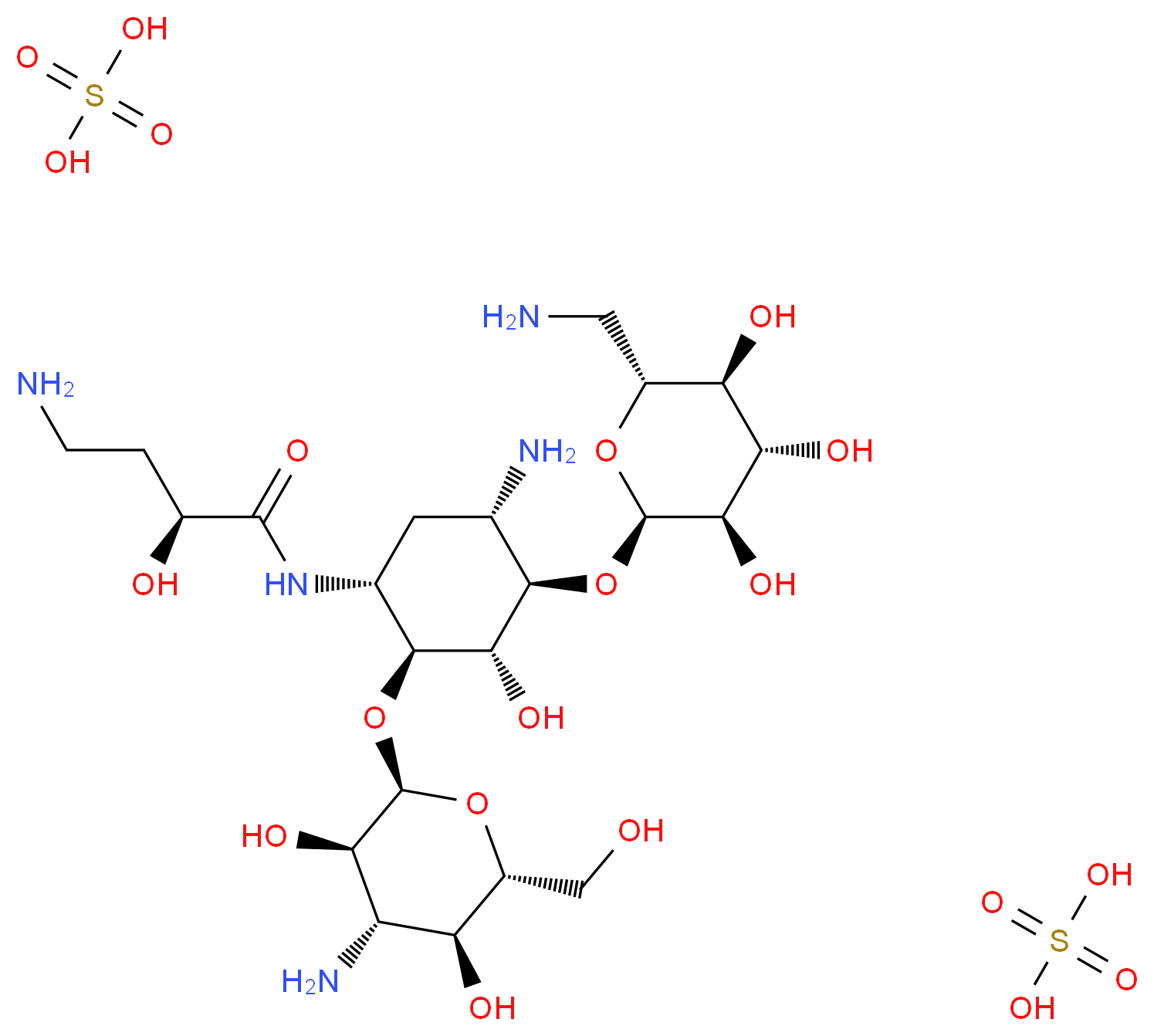 (2S)-4-amino-N-[(1R,2S,3S,4R,5S)-5-amino-2-{[(2S,3R,4S,5S,6R)-4-amino-3,5-dihydroxy-6-(hydroxymethyl)oxan-2-yl]oxy}-4-{[(2R,3R,4S,5S,6R)-6-(aminomethyl)-3,4,5-trihydroxyoxan-2-yl]oxy}-3-hydroxycyclohexyl]-2-hydroxybutanamide; bis(sulfuric acid)_分子结构_CAS_39831-55-5