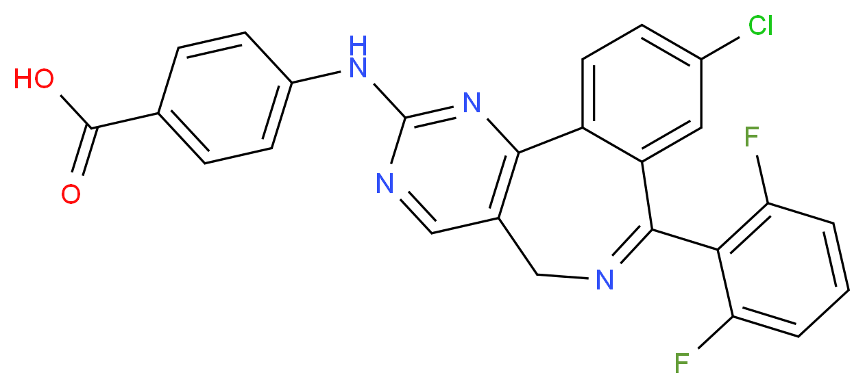 4-{[13-chloro-10-(2,6-difluorophenyl)-3,5,9-triazatricyclo[9.4.0.0^{2,7}]pentadeca-1(15),2(7),3,5,9,11,13-heptaen-4-yl]amino}benzoic acid_分子结构_CAS_869363-13-3