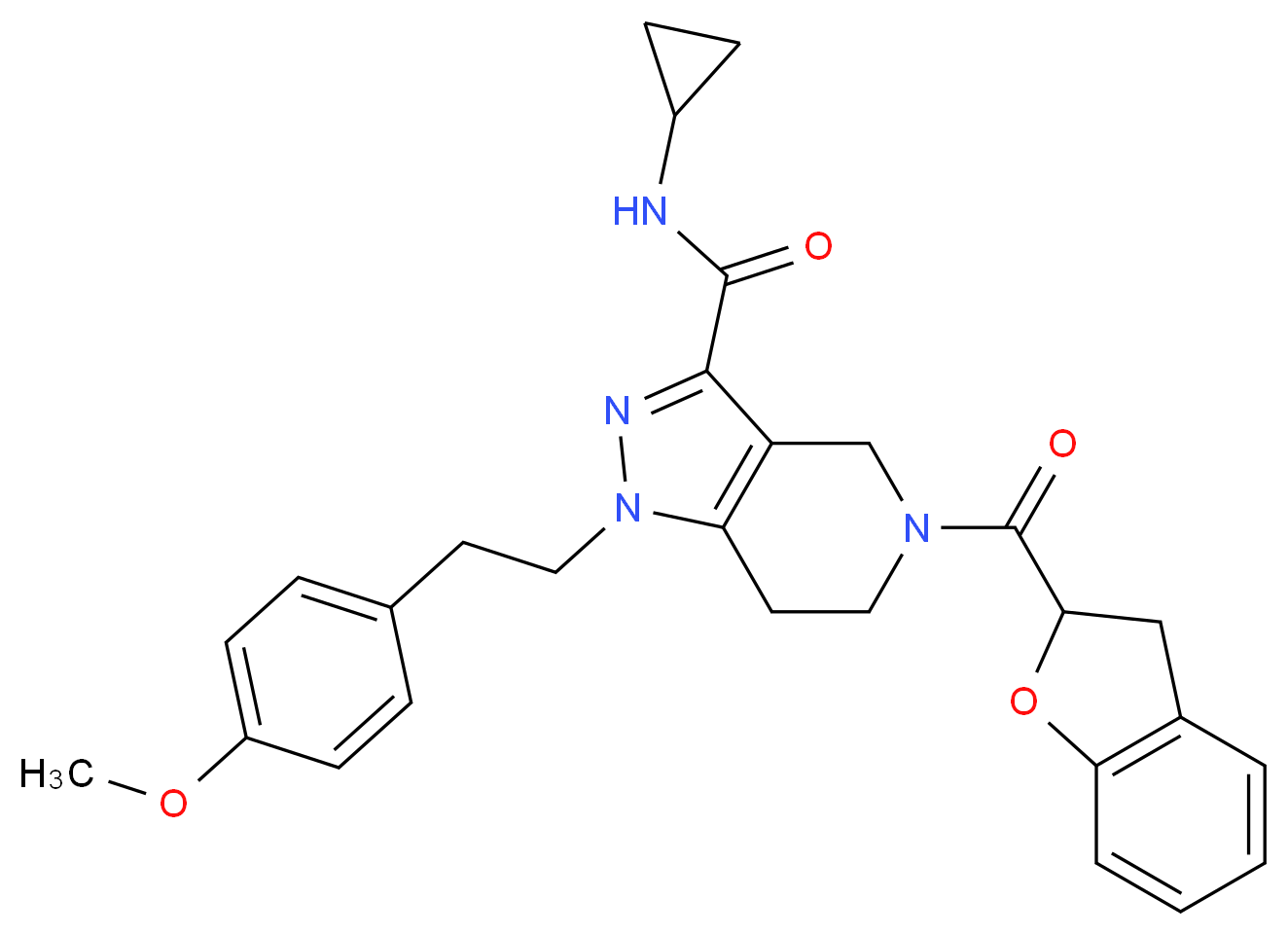 N-cyclopropyl-5-(2,3-dihydro-1-benzofuran-2-ylcarbonyl)-1-[2-(4-methoxyphenyl)ethyl]-4,5,6,7-tetrahydro-1H-pyrazolo[4,3-c]pyridine-3-carboxamide_分子结构_CAS_)