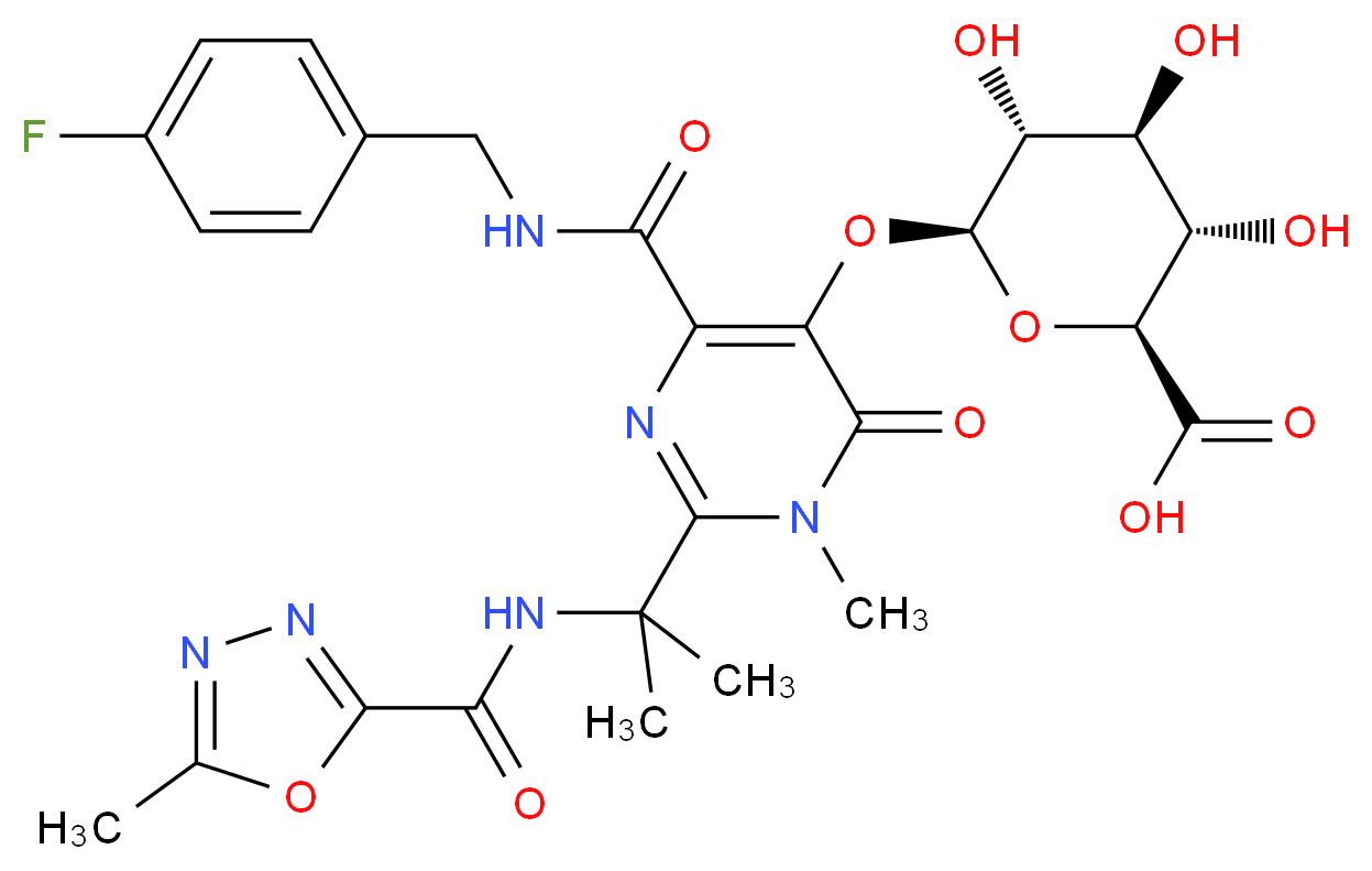 (2S,3S,4S,5R,6S)-6-[(4-{[(4-fluorophenyl)methyl]carbamoyl}-1-methyl-2-{2-[(5-methyl-1,3,4-oxadiazol-2-yl)formamido]propan-2-yl}-6-oxo-1,6-dihydropyrimidin-5-yl)oxy]-3,4,5-trihydroxyoxane-2-carboxylic acid_分子结构_CAS_952654-62-5