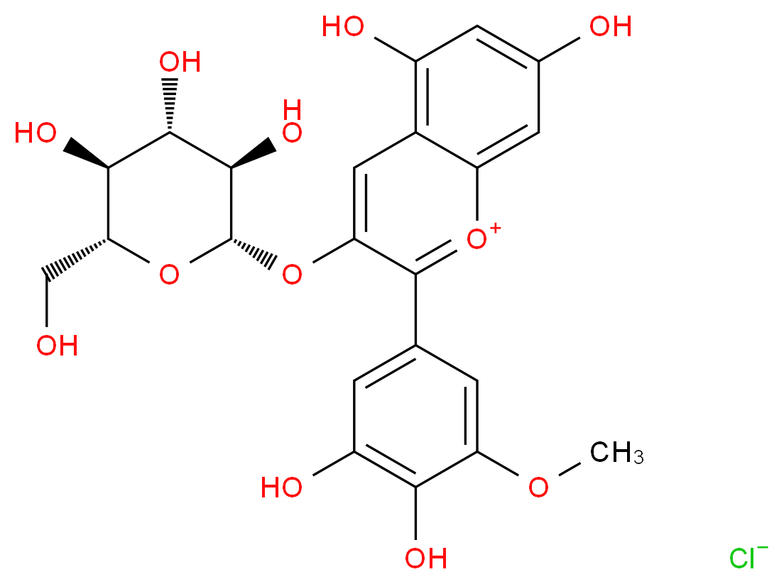 2-(3,4-dihydroxy-5-methoxyphenyl)-5,7-dihydroxy-3-{[(2S,3R,4S,5S,6R)-3,4,5-trihydroxy-6-(hydroxymethyl)oxan-2-yl]oxy}-1λ<sup>4</sup>-chromen-1-ylium chloride_分子结构_CAS_6988-81-4